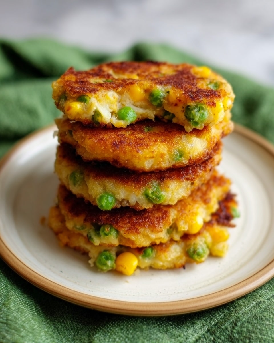 A stack of four golden brown fritters with a slightly crispy surface and visible green peas embedded throughout each layer is placed on a white plate with a thin beige rim. The fritters look thick and soft inside, showing bits of cooked corn and peas giving a mix of yellow and green colors in the middle. The plate is on a white marbled texture surface, and green fabric is barely visible in the background. photo taken with an iphone --ar 4:5 --v 7