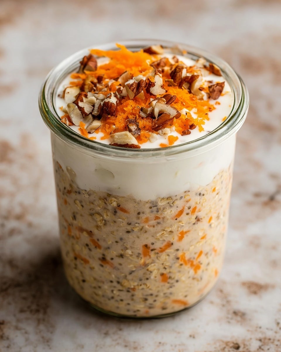 A clear glass jar filled with three visible layers; the bottom two-thirds have a thick, beige oatmeal mixture with small dark seeds and bits of orange carrot mixed throughout, topped with a smooth white yogurt layer that covers the oatmeal fully. The very top is decorated with scattered chopped brown nuts and bright orange carrot shreds, adding a textured contrast. The jar sits on a white marbled textured surface. photo taken with an iphone --ar 4:5 --v 7