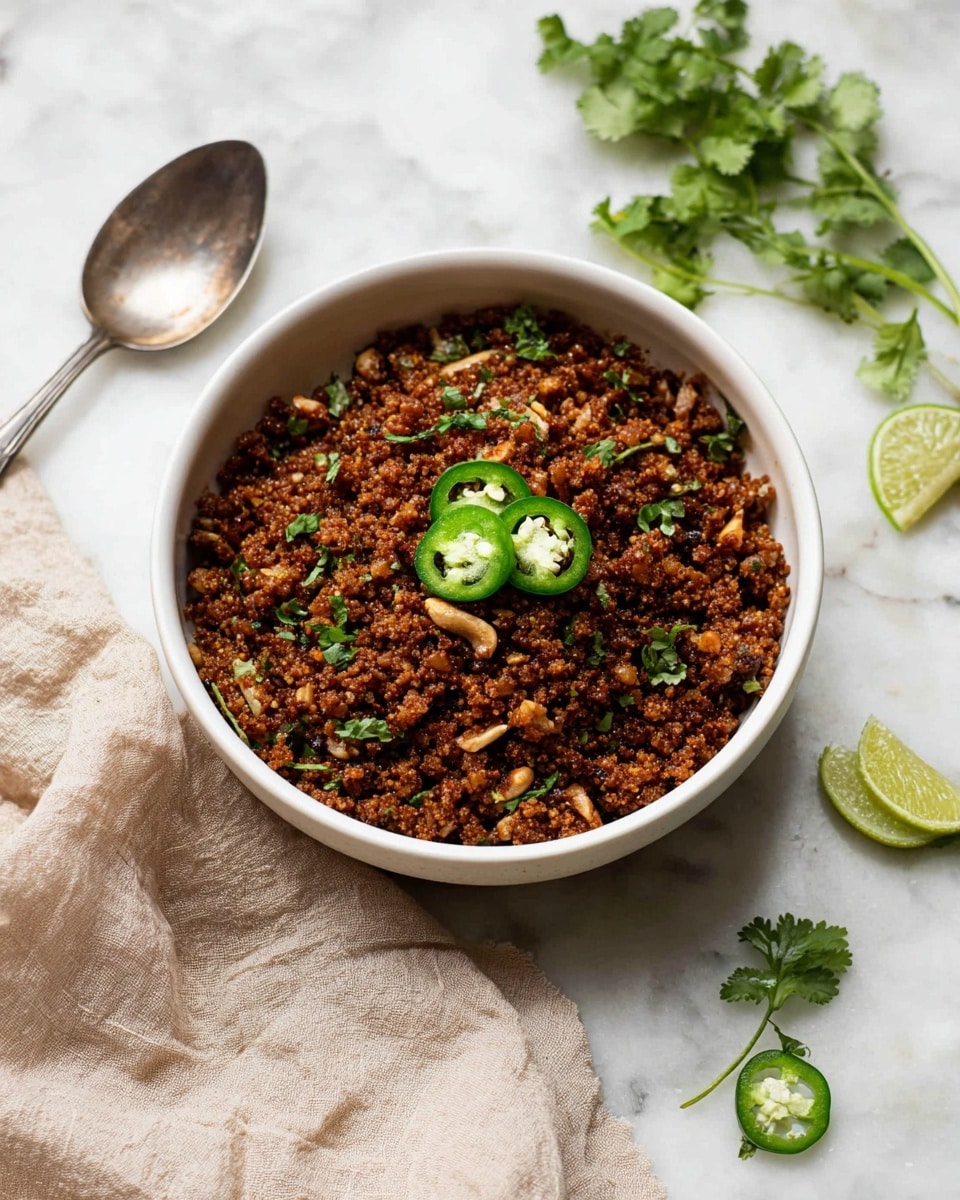 A white bowl filled with a layer of finely chopped, cooked brown crumbles mixed with small pieces of nuts or seeds, garnished with scattered small green herb leaves and topped with three slices of green chili placed in the center. The bowl sits on a white marbled surface, surrounded by fresh green herb sprigs on the right and a few slices of green chili. To the left of the bowl is a silver spoon, and a soft beige cloth is crumpled in the background. photo taken with an iphone --ar 4:5 --v 7
