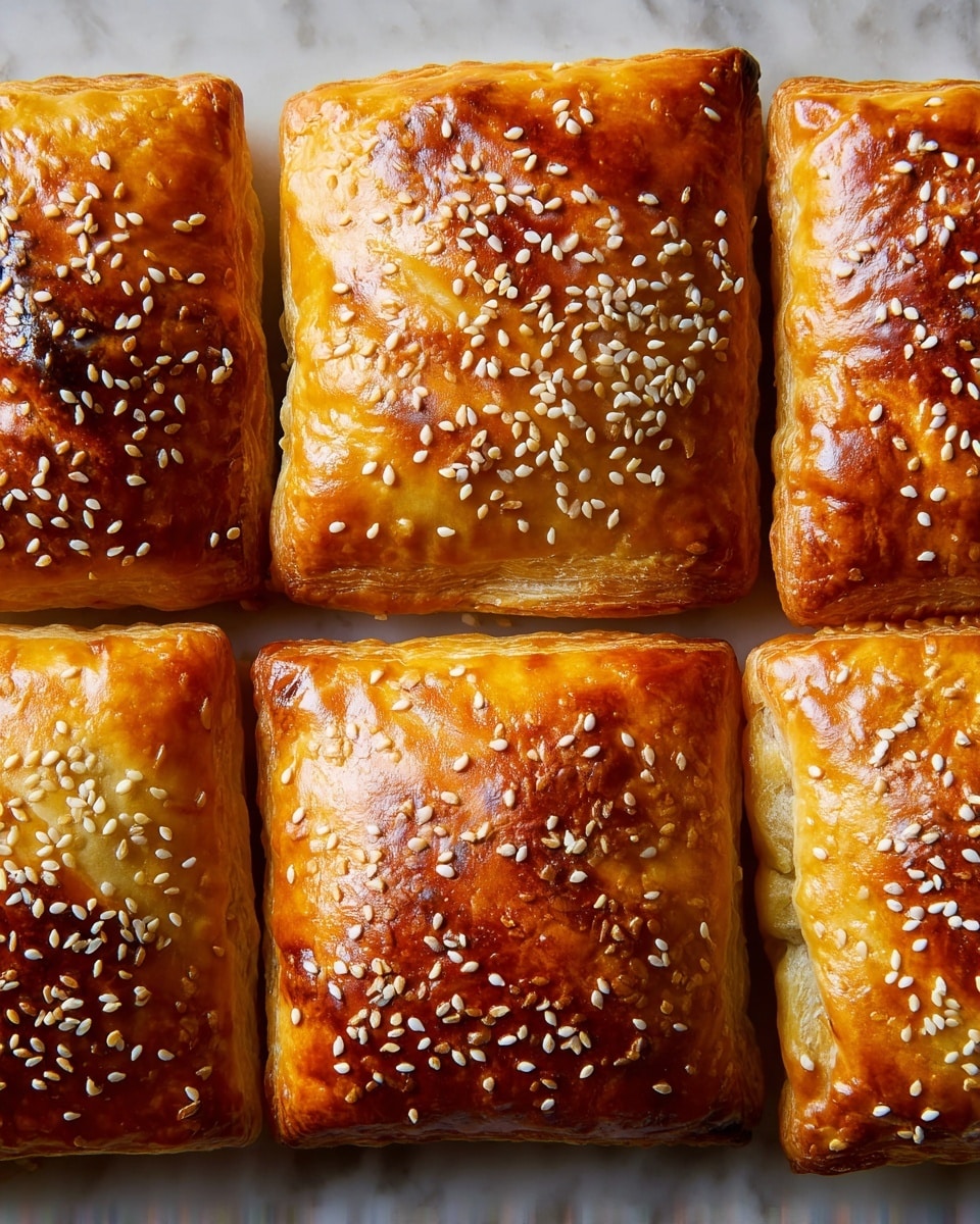 The image shows six golden puff pastries closely placed together on a white marbled surface. Each pastry is square-shaped with slightly crimped edges and a slightly raised center, topped evenly with white sesame seeds giving a textured look. The pastries have a shiny and smooth golden crust with variations in color, showing a rich brown-orange tone with some darker, caramelized spots. The sesame seeds add a slight contrast to the shiny crust, and the texture looks crispy and flaky. photo taken with an iphone --ar 4:5 --v 7