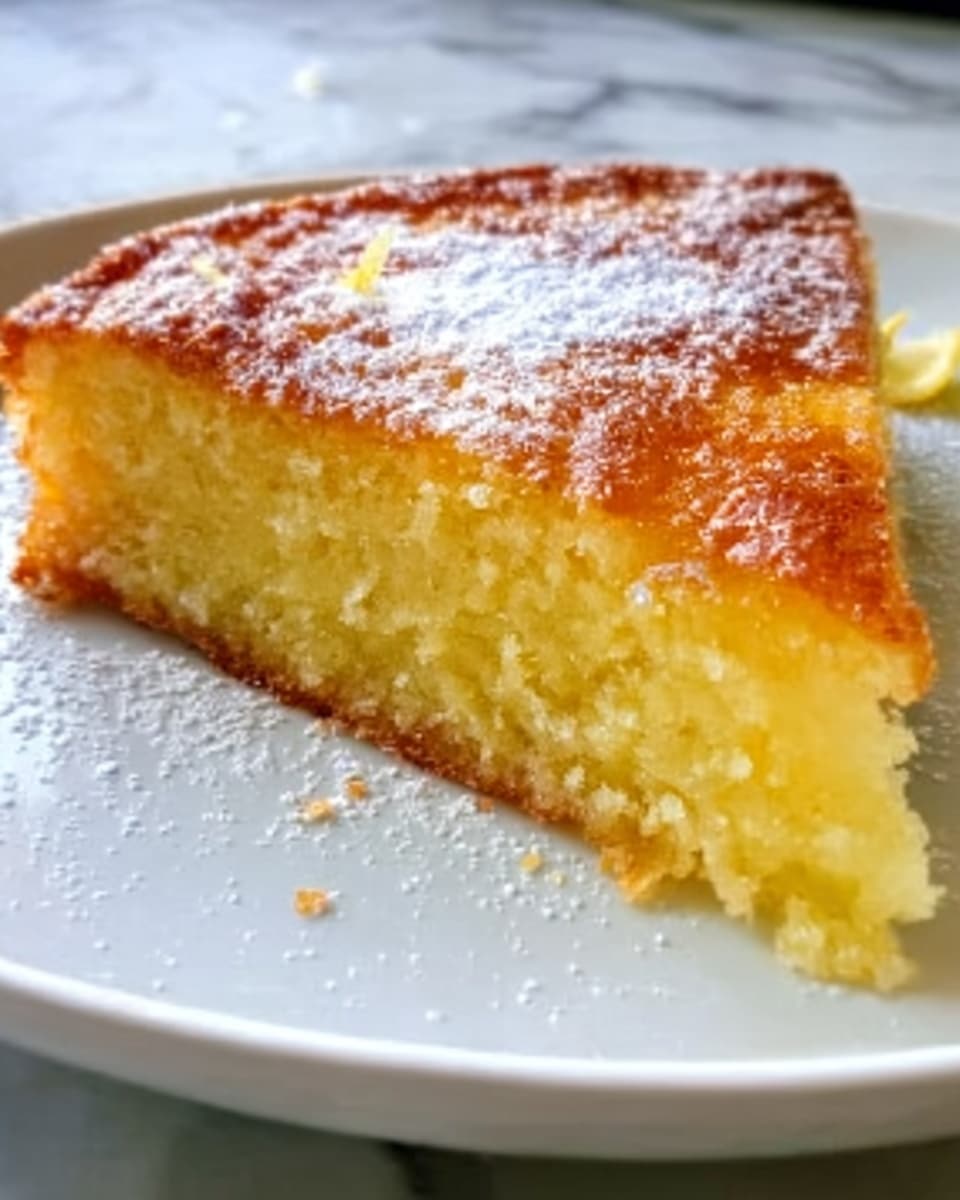 A slice of soft, golden yellow cake with a slightly shiny, sugary top layer sits on a white plate. The cake appears moist and fluffy inside, with a thin crust that glistens lightly. The edges are gently browned, and a small dusting of powdered sugar is visible on top. The plate rests on a white marbled surface. Photo taken with an iphone --ar 4:5 --v 7