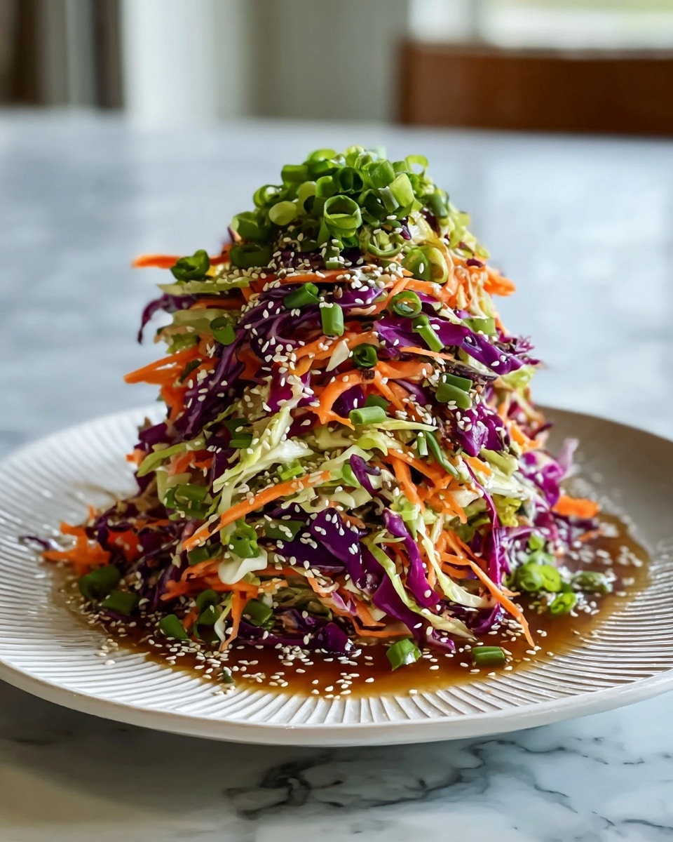 A tall pile of colorful shredded salad sits on a wide white plate with ridged edges. The base layer is mainly made of purple cabbage and light green cabbage, giving a mix of deep violet and pale green shades with a crunchy texture. Above this, bright orange carrot strips and chopped green onions add vibrant color and freshness. The salad is sprinkled generously with small white sesame seeds, lending a delicate dotted pattern across the layers. A light brown dressing pools at the bottom, adding a glossy finish to the layers. The plate is placed on a white marbled surface with soft natural light in the background, creating a fresh and inviting look. photo taken with an iphone --ar 4:5 --v 7