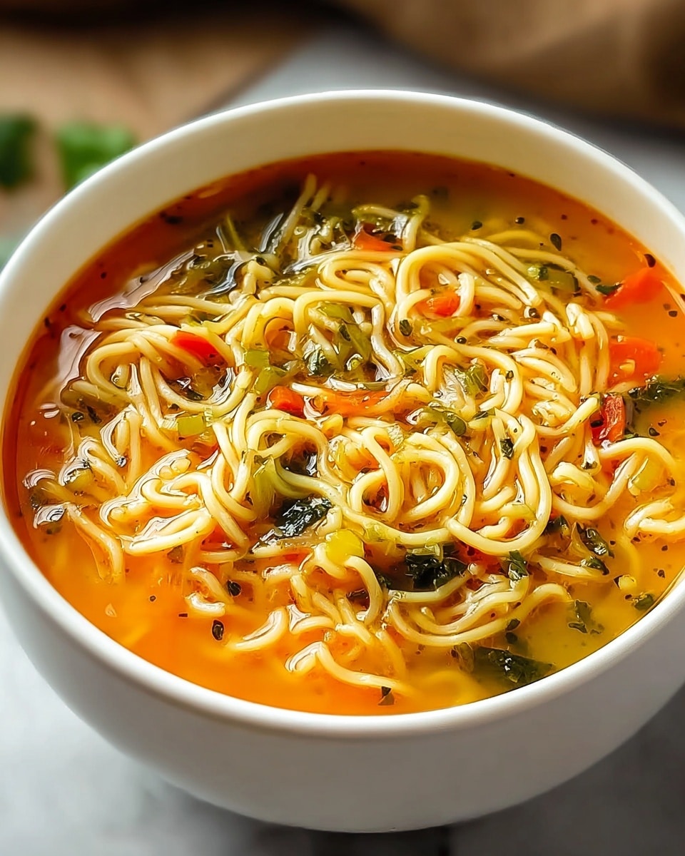A white bowl filled with a hot soup that has at least two visible layers: a bright orange broth layer at the bottom with glistening liquid texture, and a top layer of thin, pale yellow noodles mixed with pieces of green and red vegetables floating through the soup. The bowl sits on a white marbled surface with a slightly blurred background showing light brown and green elements. The soup looks warm and fresh, with a shine on the broth and noodles indicating moisture. photo taken with an iphone --ar 4:5 --v 7