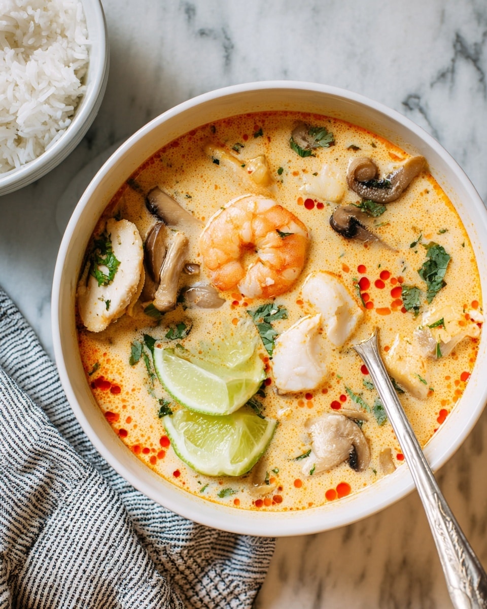 A white bowl filled with a creamy orange soup that has small droplets of red oil on top. Inside the soup, there are several layers: shrimp with a bright orange color near the center, white fish pieces, sliced mushrooms, and green herbs scattered throughout. Two lime wedges rest on the edge of the soup near the bottom of the bowl. A silver spoon is partially submerged in the soup on the right side of the bowl. The bowl sits on a white marbled textured surface with a white bowl of rice partially seen at the top left. To the right, a gray and white striped cloth is visible. Photo taken with an iphone --ar 4:5 --v 7