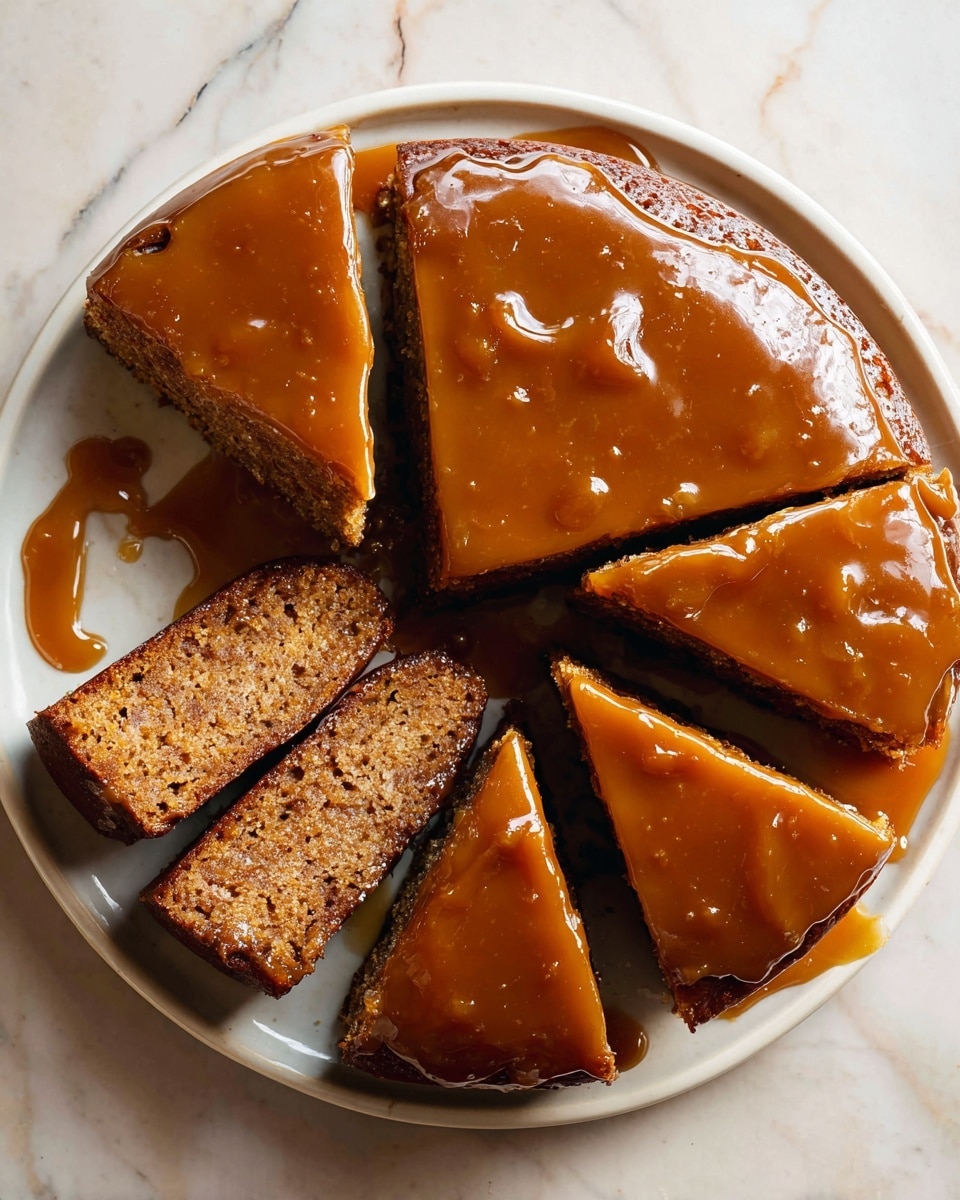 A round, brown cake covered in a shiny caramel glaze is shown sliced on a white plate. Six triangular pieces are cut from the cake and arranged partly separated, revealing a dense, moist texture inside with a slightly darker, spongy crumb. The caramel glaze drips slightly down the sides of the cake and pools a little on the white marbled surface beneath the plate. The cake's top is smooth and glossy, while the texture inside looks soft and rich. photo taken with an iphone --ar 4:5 --v 7