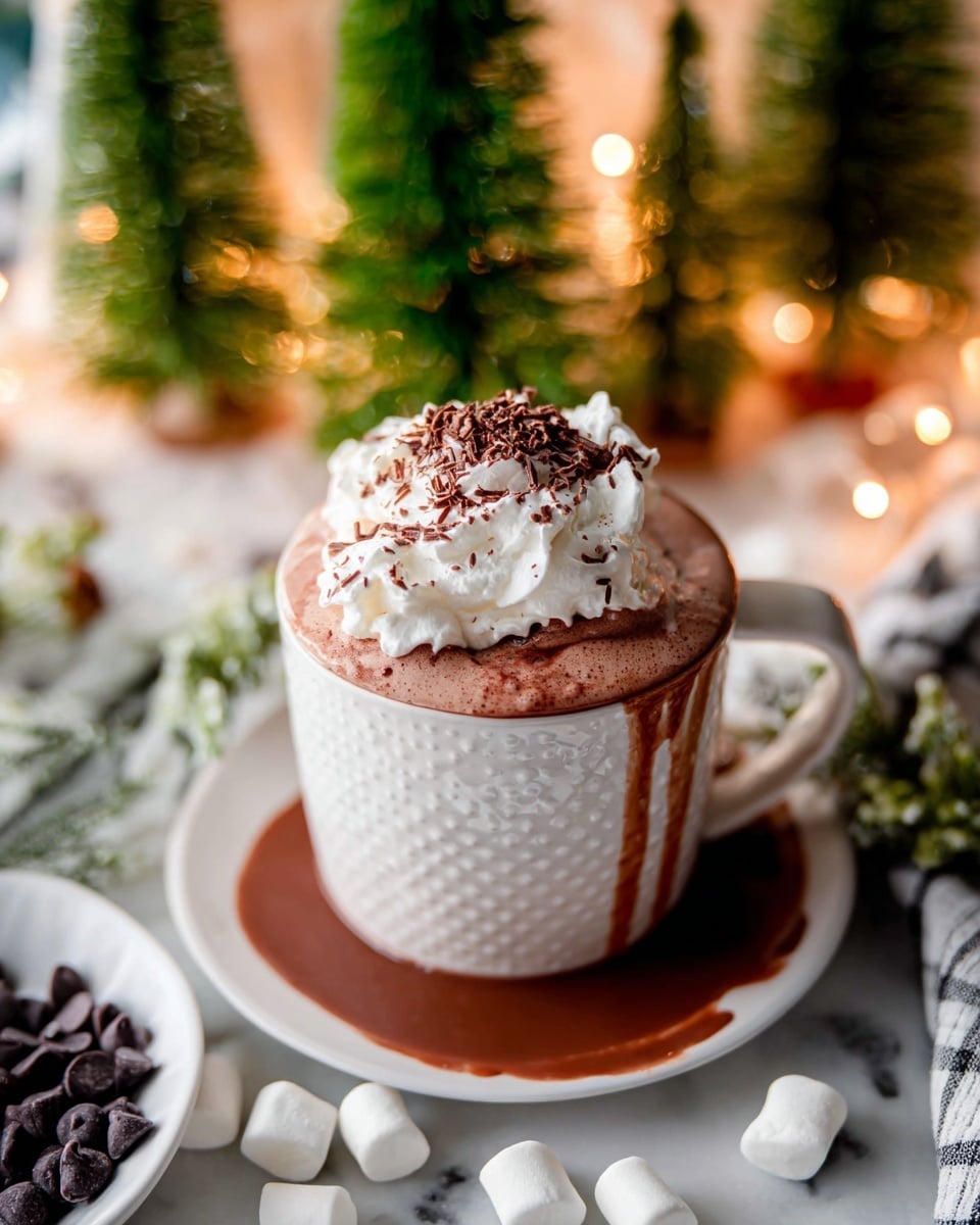 A creamy hot chocolate drink is in a white mug with a subtle textured pattern, filled almost to the top with smooth dark brown hot chocolate. On top, there are two layers: a thick layer of whipped cream with a soft, fluffy white texture and a dusting of fine chocolate shavings scattered lightly over the cream and around the edge. The mug sits on a white saucer with spilled hot chocolate around the base, surrounded by scattered mini white marshmallows and dark chocolate chips. The scene is set on a white marbled surface with blurred festive green Christmas trees and warm fairy lights in the background, adding a cozy feeling. Photo taken with an iphone --ar 4:5 --v 7