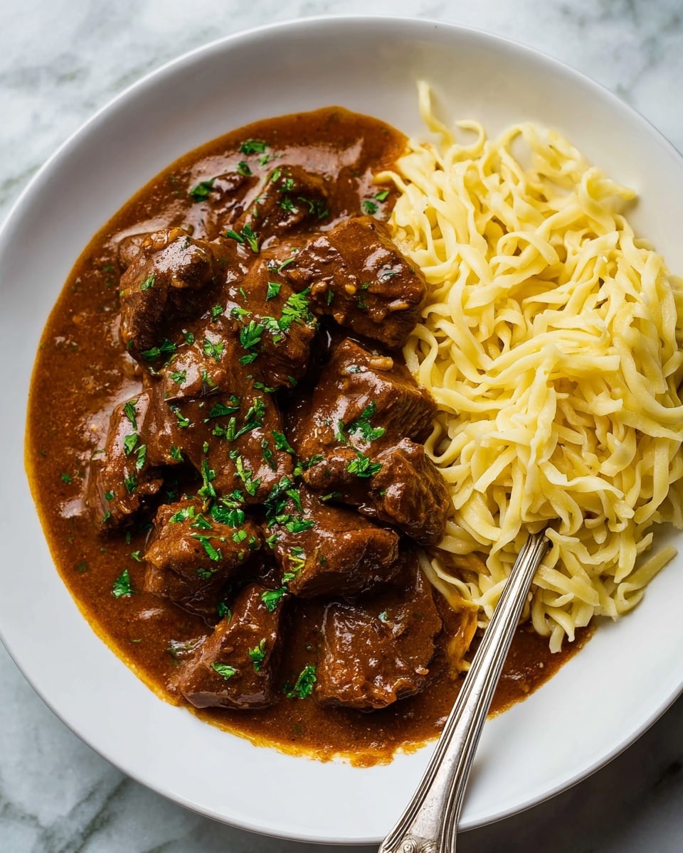 The dish shows a white plate with two main layers: the bottom layer is pale yellow noodles with a smooth and slightly soft texture, loosely arranged in a small pile on one side of the plate, and the top layer is rich brown chunks of beef stew covered in thick, glossy sauce with bits of green parsley sprinkled over all the meat pieces and noodles. A silver fork rests on the edge of the plate partly on the noodles, and the background is a white marbled texture. Photo taken with an iphone --ar 4:5 --v 7