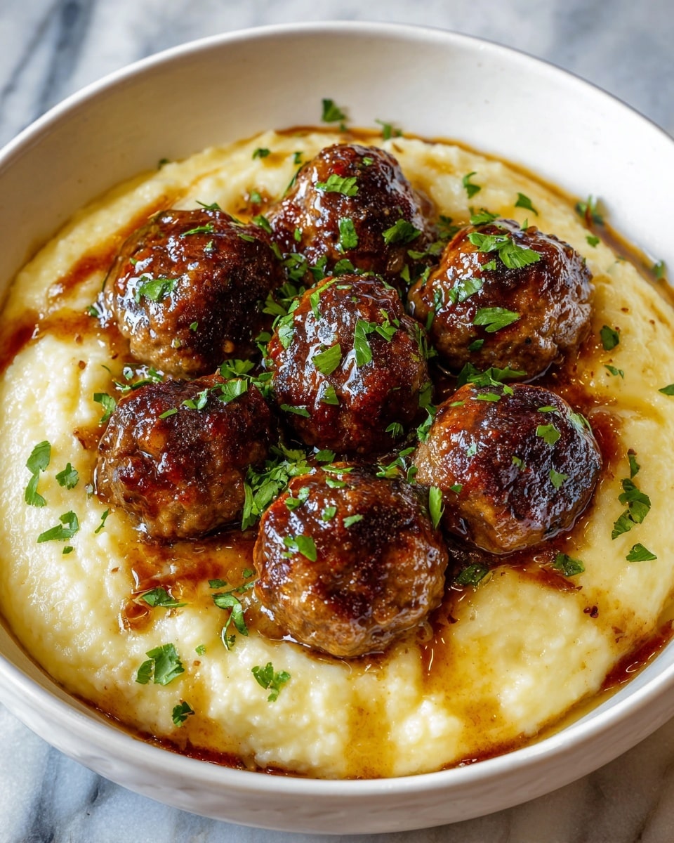 A white bowl holds a dish with a creamy, light yellow layer of mashed potatoes topped by six browned meatballs arranged closely together in the center. The meatballs have a rich, glossy brown sauce coating and are sprinkled with fresh, chopped green herbs. The mashed potatoes cradle the meatballs with some of the brown sauce pooling at the edges where they meet the creamy texture. The background is a white marbled texture. photo taken with an iphone --ar 4:5 --v 7