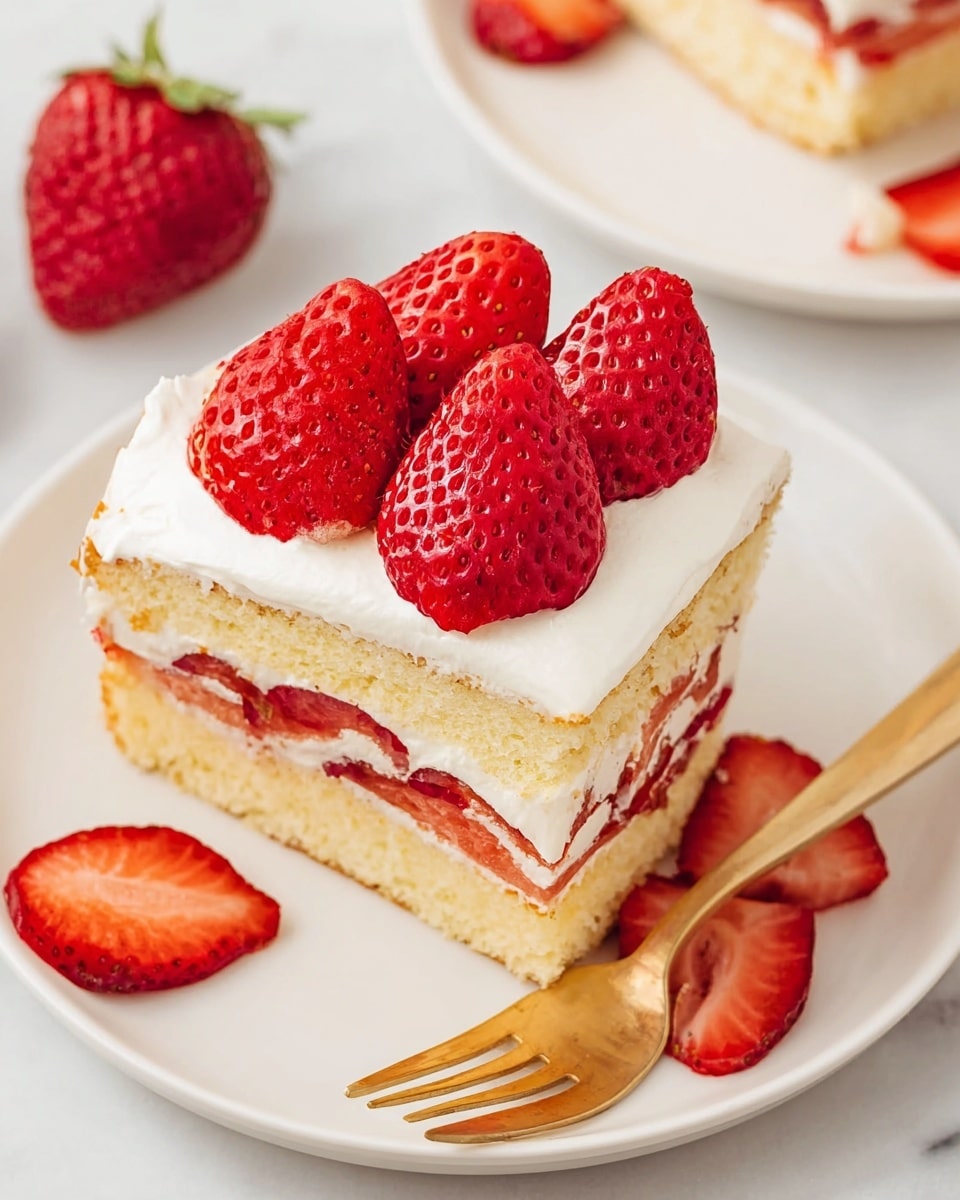 A piece of strawberry shortcake on a white round plate with a gold fork next to it, placed on a white marbled surface. The cake has three layers: the bottom layer is a light yellow sponge cake, the middle layer is a mix of sliced strawberries and whipped cream, and the top layer is a thick, smooth white whipped cream. On top, there are five bright red, fresh strawberries, some halved and some whole, arranged neatly. Extra sliced strawberries lie around the plate. Photo taken with an iphone --ar 4:5 --v 7