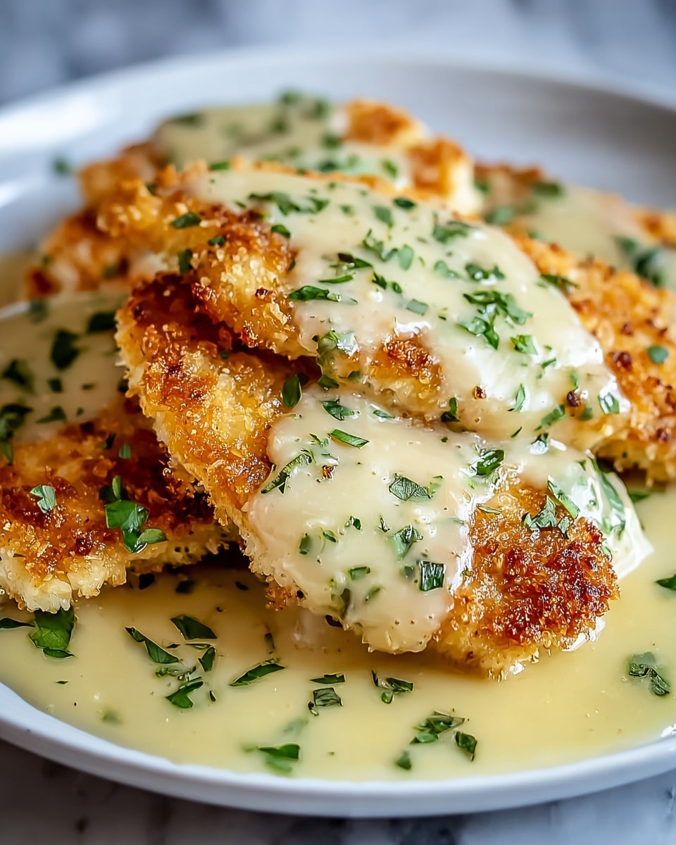 The image shows a close-up of three pieces of golden-brown breaded chicken, arranged in a slightly overlapping way on a white plate. Each piece is coated in a creamy light-colored sauce that looks smooth and slightly thick, with fresh green herbs sprinkled on top, adding color contrast. The chicken has a crunchy texture visible through the sauce. The sauce also pools slightly around the base of the chicken, spreading softly over the white plate, which rests on a white marbled texture. photo taken with an iphone --ar 4:5 --v 7