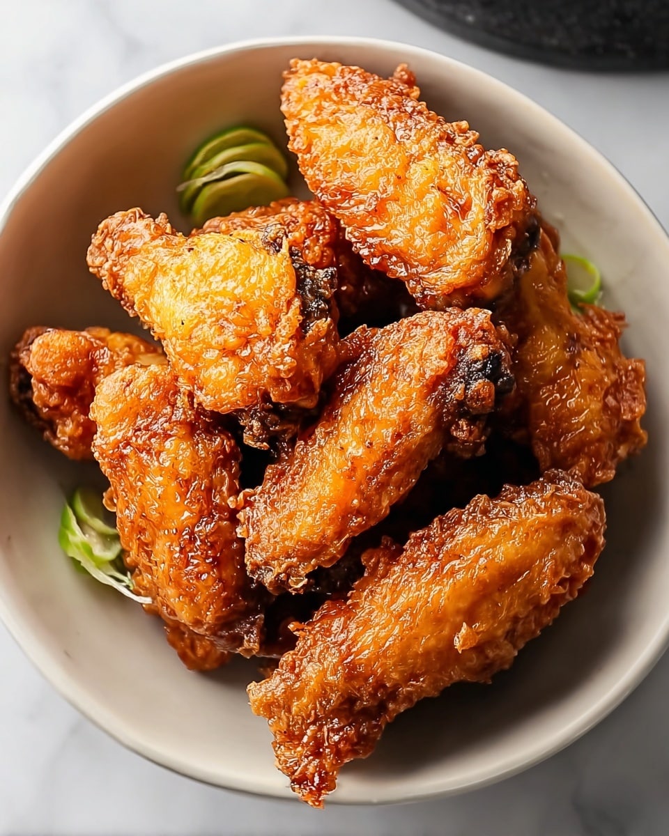 A bowl filled with several pieces of golden brown fried chicken wings, showing a crispy and crunchy texture on their surface. The wings are arranged close together in the bowl, with some parts slightly darker from frying. Beneath the chicken wings, light green lime slices peek out a little. The bowl is white and sits on a white marbled surface. Photo taken with an iphone --ar 4:5 --v 7