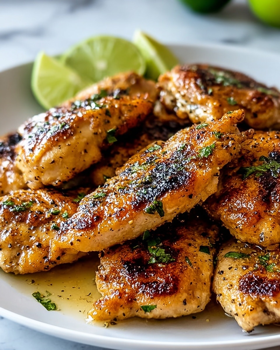 The image shows a white plate filled with several pieces of golden-brown cooked chicken. The chicken pieces have a slightly crispy texture with some charring and are topped with small bits of green herbs. The surface of the chicken looks juicy and seasoned with black pepper. Towards the left edge of the plate, there are two slices of lime adding a fresh green and yellow color contrast. The plate is set against a white marbled surface, giving a clean and bright background. photo taken with an iphone --ar 4:5 --v 7