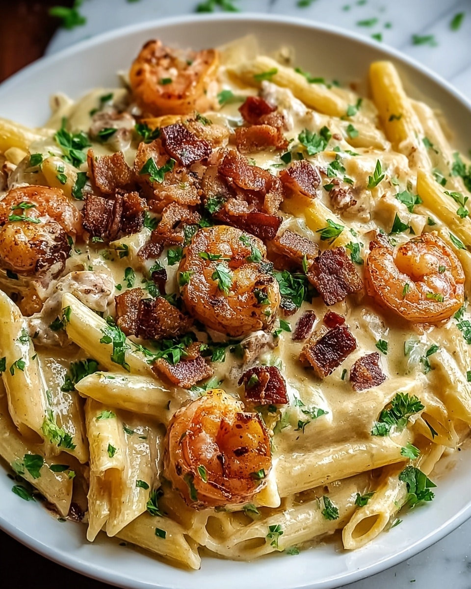 A white plate is filled with creamy pasta layers, featuring pale yellow penne pasta coated in a thick, rich cream sauce. On top, there are plump, pink shrimp with a slight char, and small, browned cubes of crispy bacon scattered evenly. Fresh green parsley is sprinkled over the dish, adding touches of color. The textures show a mix of smooth sauce, tender pasta, juicy shrimp, and crunchy bacon pieces. The scene is set on a white marbled texture. photo taken with an iphone --ar 4:5 --v 7