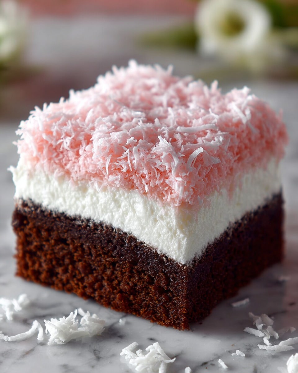 A three-layered square cake sits on a white marbled surface, starting with a bottom layer of moist and dark brown chocolate cake with a slightly crumbly texture. Above it, a thick middle layer of smooth, white whipped cream spreads evenly. The top layer is a fluffy pink shredded coconut topping, adding a soft and textured look. A few bits of white shredded coconut are scattered around the cake on the white marbled surface. Photo taken with an iphone --ar 4:5 --v 7