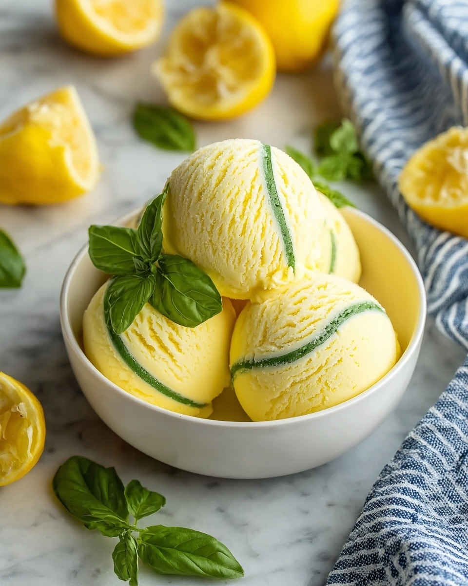 The image shows a white bowl filled with three smooth, round scoops of lemon-yellow ice cream, each scoop decorated with a thin, wavy green stripe around the middle, resembling a tennis ball. A small bunch of fresh green basil leaves sits on top, adding a vivid pop of color. Around the bowl, there are whole and halved bright yellow lemons and a few loose basil leaves on a white marbled surface, creating a fresh and vibrant setting. A blue and white striped cloth is partially visible to the side. Photo taken with an iphone --ar 4:5 --v 7