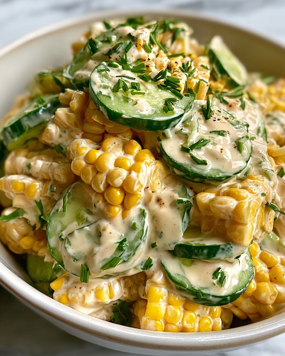 A close-up view of a creamy salad served in a white bowl, filled with bright yellow corn kernels and thick slices of fresh green cucumber, all coated in a light beige creamy dressing speckled with tiny herbs and spices. The salad shows layers of glossy, firm corn and crisp cucumber pieces mixed evenly, with small bits of green herbs scattered on top, creating a fresh and colorful contrast. The background has a white marbled texture. Photo taken with an iphone --ar 4:5 --v 7