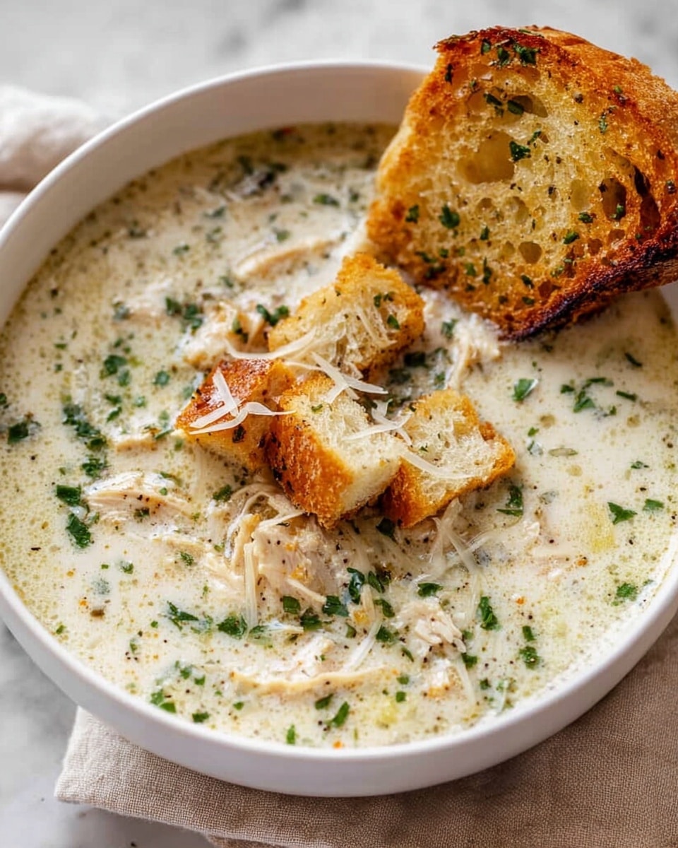 A white bowl filled with creamy white soup, speckled with green herbs and small pieces of shredded chicken throughout. On top, golden brown toasted bread cubes rest, some slightly soaked in the soup, with a few thin shreds of pale cheese sprinkled over them. A large piece of toasted bread with visible seasoning and a crispy texture leans on the side of the bowl. The soup surface has a slight sheen from oil or butter, and the bowl sits on a soft beige cloth over a white marbled texture. Photo taken with an iphone --ar 4:5 --v 7