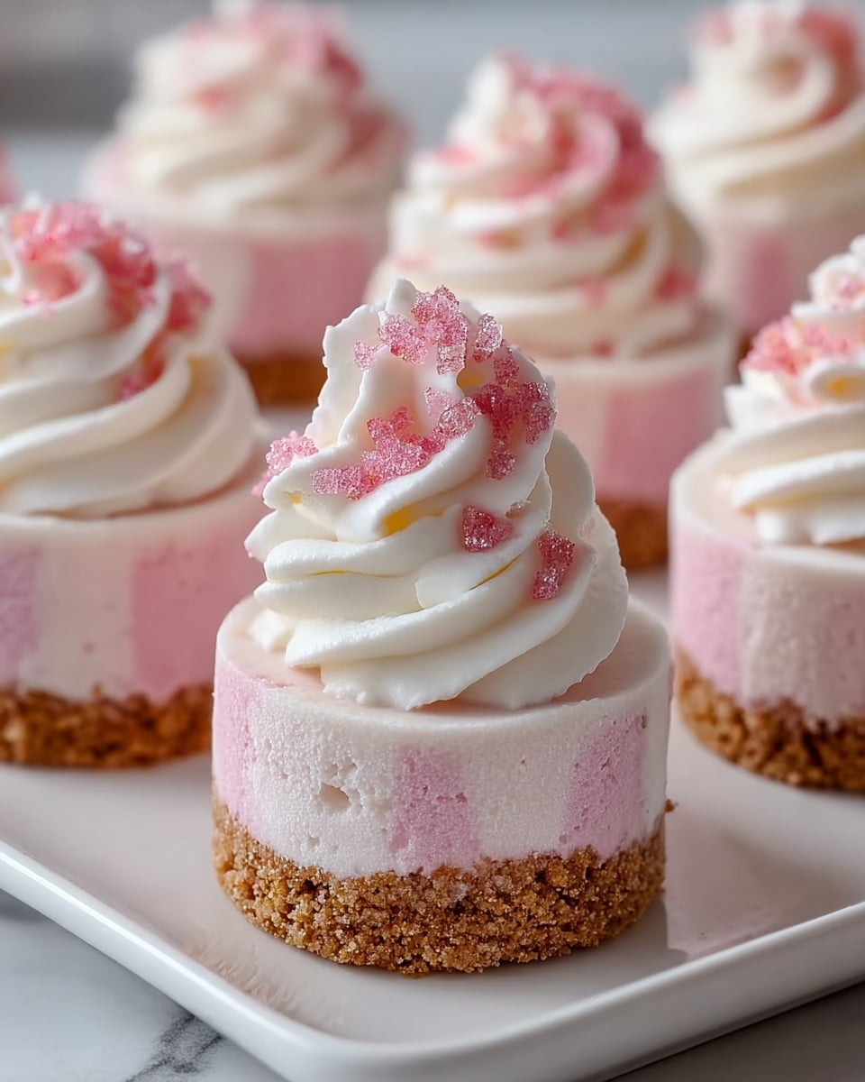 The image shows small round desserts with two clear layers on white rectangular plates on a white marbled surface. The bottom layer is a rough textured brown crumbly crust, and above it is a smooth light pink creamy layer. On top of each dessert is a thick swirl of white whipped cream, decorated with small pink sugar crystals sprinkled over it. The desserts are close together, showing a soft and creamy texture with a crunchy base and a fluffy topping. photo taken with an iphone --ar 4:5 --v 7