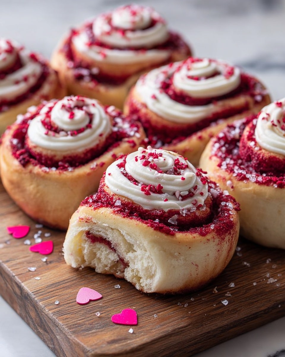 A close-up of a wooden board with six soft cinnamon rolls arranged in two rows. Each roll has a light golden-brown dough base, a thick spiral layer of deep red crumbly topping, and a swirl of white cream cheese frosting on top. Tiny red heart-shaped sprinkles and white sugar crystals decorate the frosting and surrounding board. One cinnamon roll in the front shows its light, fluffy inside with a bit of rolled dough texture visible. The background is a white marbled texture, photo taken with an iphone --ar 4:5 --v 7