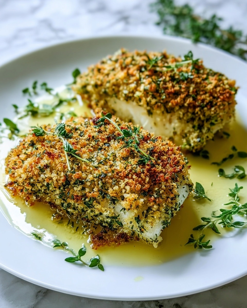Two pieces of baked fish fillets sit on a white plate, each topped with a thick, crunchy, golden-brown breadcrumb layer mixed with green herbs. The breadcrumb crust has uneven toasted spots, giving it a textured look. Fresh green herb sprigs are scattered on top and around the fish, adding bright color contrast. A light yellow sauce pools around the base of the fillets, making the dish appear moist and tasty. The plate is placed on a white marbled surface, enhancing the clean presentation. photo taken with an iphone --ar 4:5 --v 7