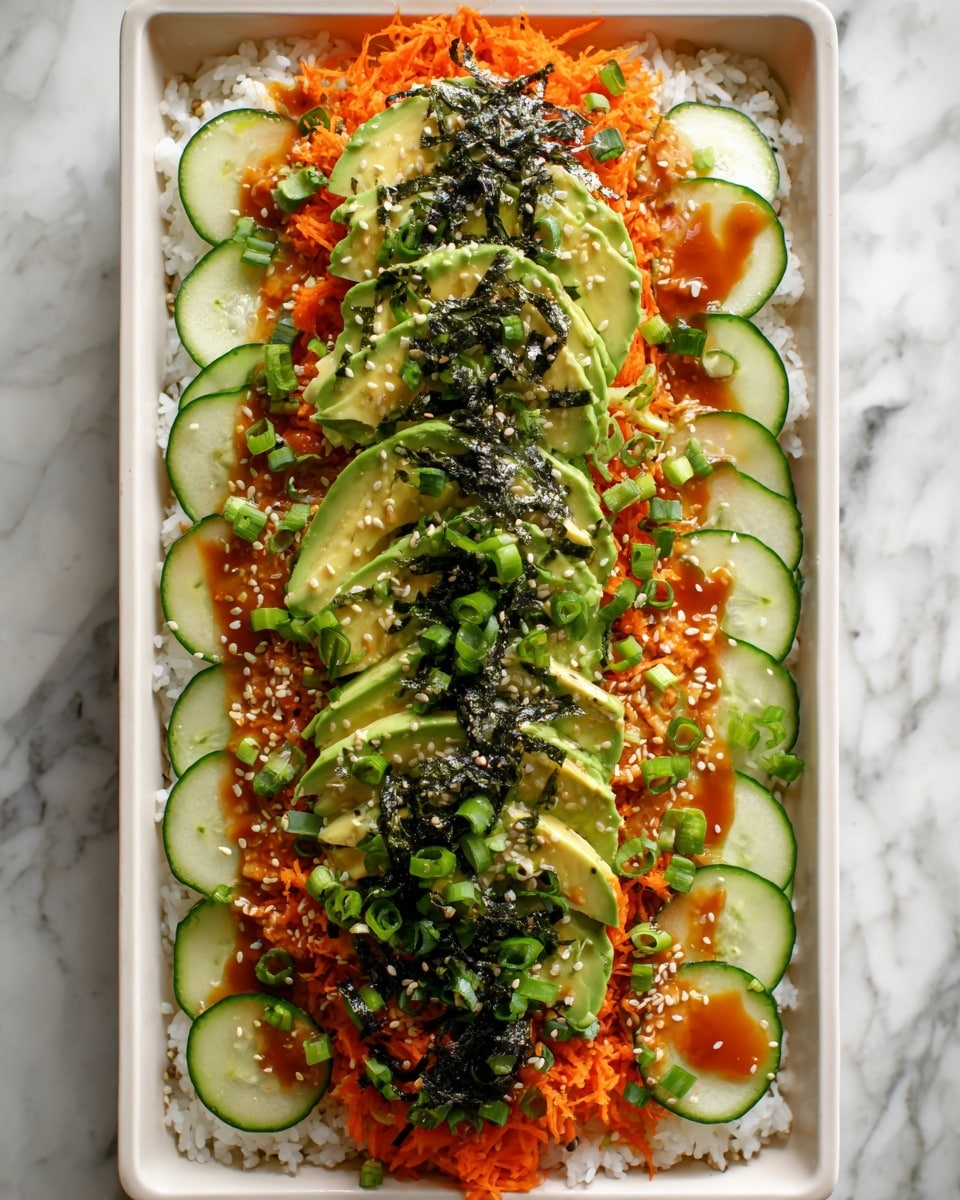The dish is presented in a rectangular white bowl filled with a base layer of white rice, which is topped with thin, round cucumber slices arranged along the sides. On top of the cucumbers is a layer of bright orange shredded carrots, scattered evenly. Neatly placed in the center are multiple slices of avocado, fanned out for texture. Over the avocado, there is a layer of thin, dark green seaweed strips. The entire dish is sprinkled with small white sesame seeds and chopped green onions. A light drizzle of orange sauce is applied over the carrots and rice, adding contrast. The dish sits on a white marbled surface. photo taken with an iphone --ar 4:5 --v 7