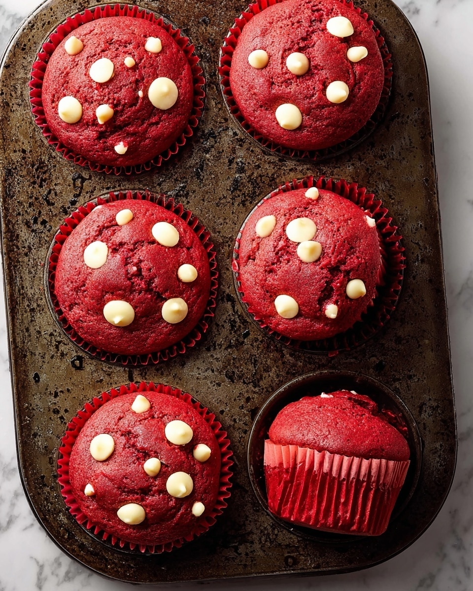 A metal muffin tray holds six large, bright red muffins with scattered creamy white chocolate chips on top. Each muffin has a slightly cracked surface showing a soft, moist texture inside. The muffins are in red paper liners that fit snugly in the tray cups, and the tray itself looks well-used and dark with some shiny spots. The background is a white marbled texture. photo taken with an iphone --ar 4:5 --v 7