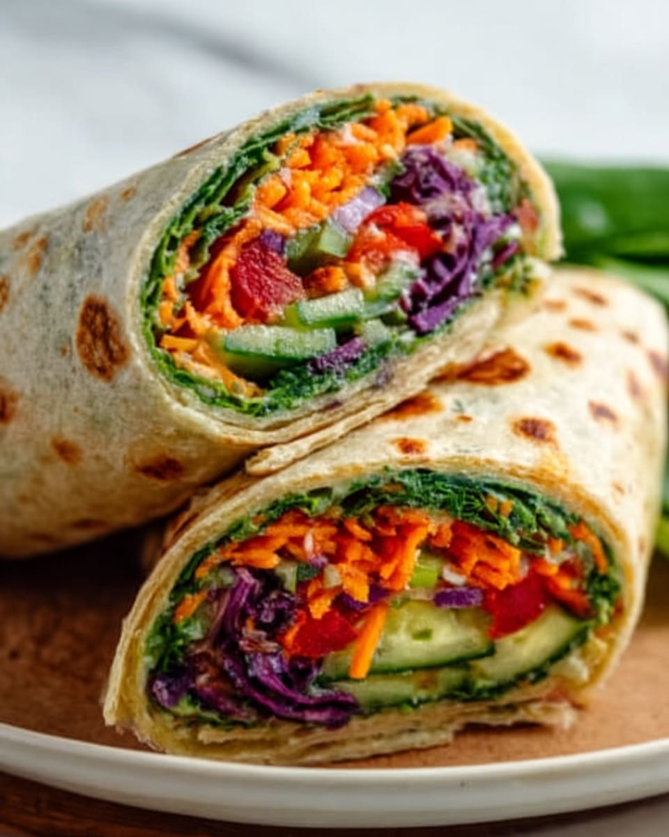 The image shows a wrap cut in half placed on a white plate, sitting on a white marbled surface. The wrap has a slightly toasted, light brown outer layer with small darker grill marks. Inside, there are several vibrant layers starting with green lettuce and spinach, followed by bright orange shredded carrots, thin purple cabbage strips, green cucumber slices, and small pieces of red bell pepper, all neatly packed together showing a fresh and colorful mix. The texture inside looks crisp and fresh, with the vegetables tightly wrapped in a soft, slightly warm flatbread. Photo taken with an iphone --ar 4:5 --v 7