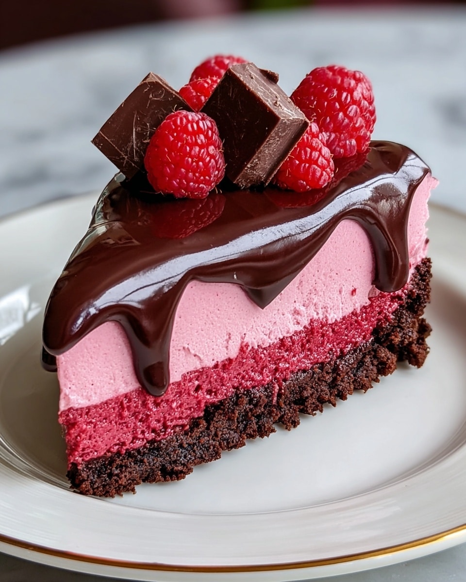 A slice of dessert with three visible layers sits on a white plate with a gold rim, placed on a white marbled surface. The bottom layer is a dark brown crumbly crust, slightly uneven in texture. The middle layer is a thick, smooth, bright pink mousse-like filling with a soft and airy appearance. The top layer is a shiny, thick dark chocolate glaze that drips down the sides of the slice. On top of the glaze, there are fresh red raspberries and two small squares of dark chocolate, arranged to create an inviting contrast of colors and textures. Photo taken with an iphone --ar 4:5 --v 7
