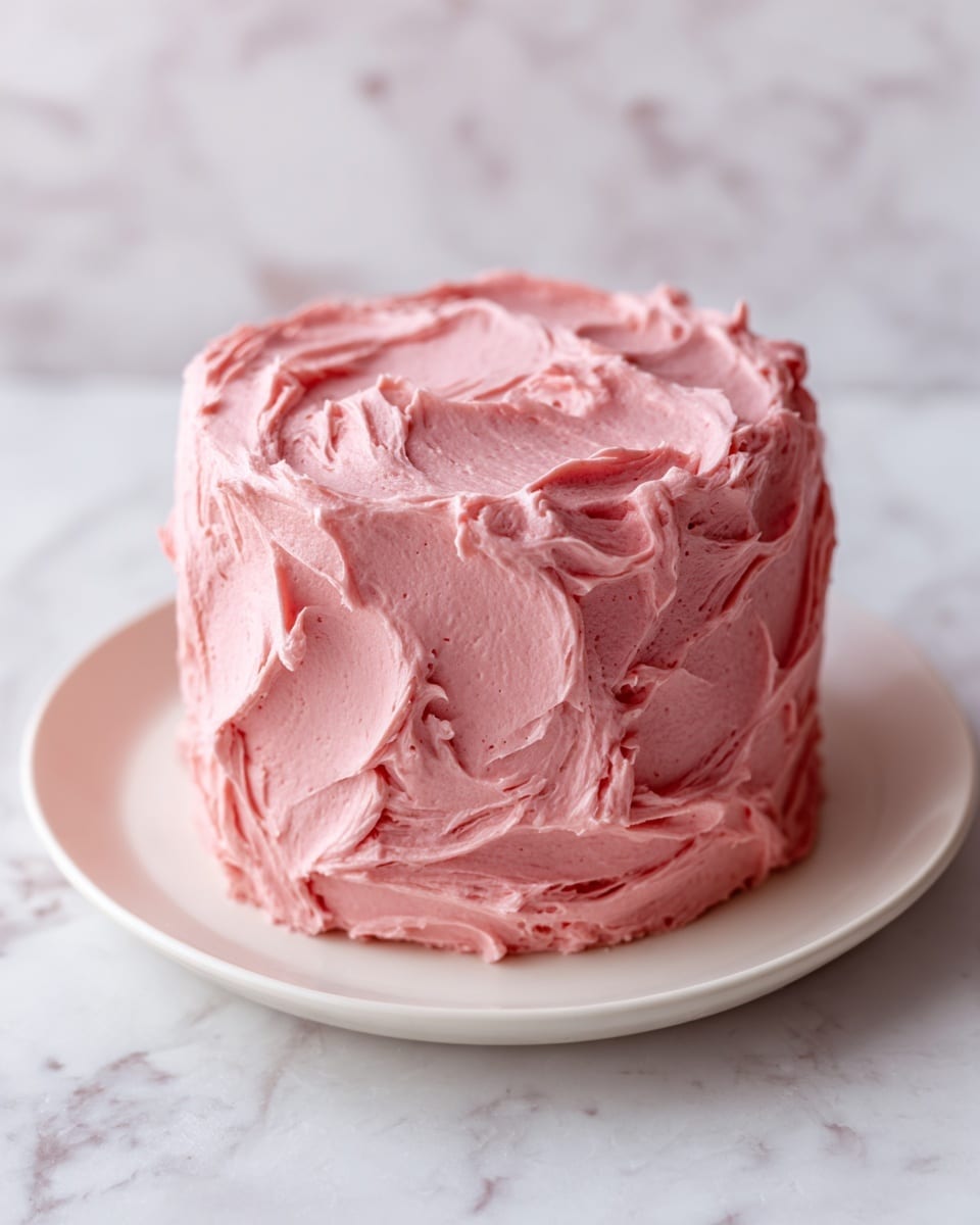 The image shows a small cake covered entirely in pink frosting with a thick, swirled texture. The frosting has a soft, whipped look with visible peaks and waves, creating a fluffy and creamy appearance around the entire cake, which sits on a simple white plate. There are no visible layers inside the cake, just the smooth, rich pink frosting covering it from top to bottom. The background features a white marbled texture that adds a clean and elegant feel to the scene. Photo taken with an iphone --ar 4:5 --v 7