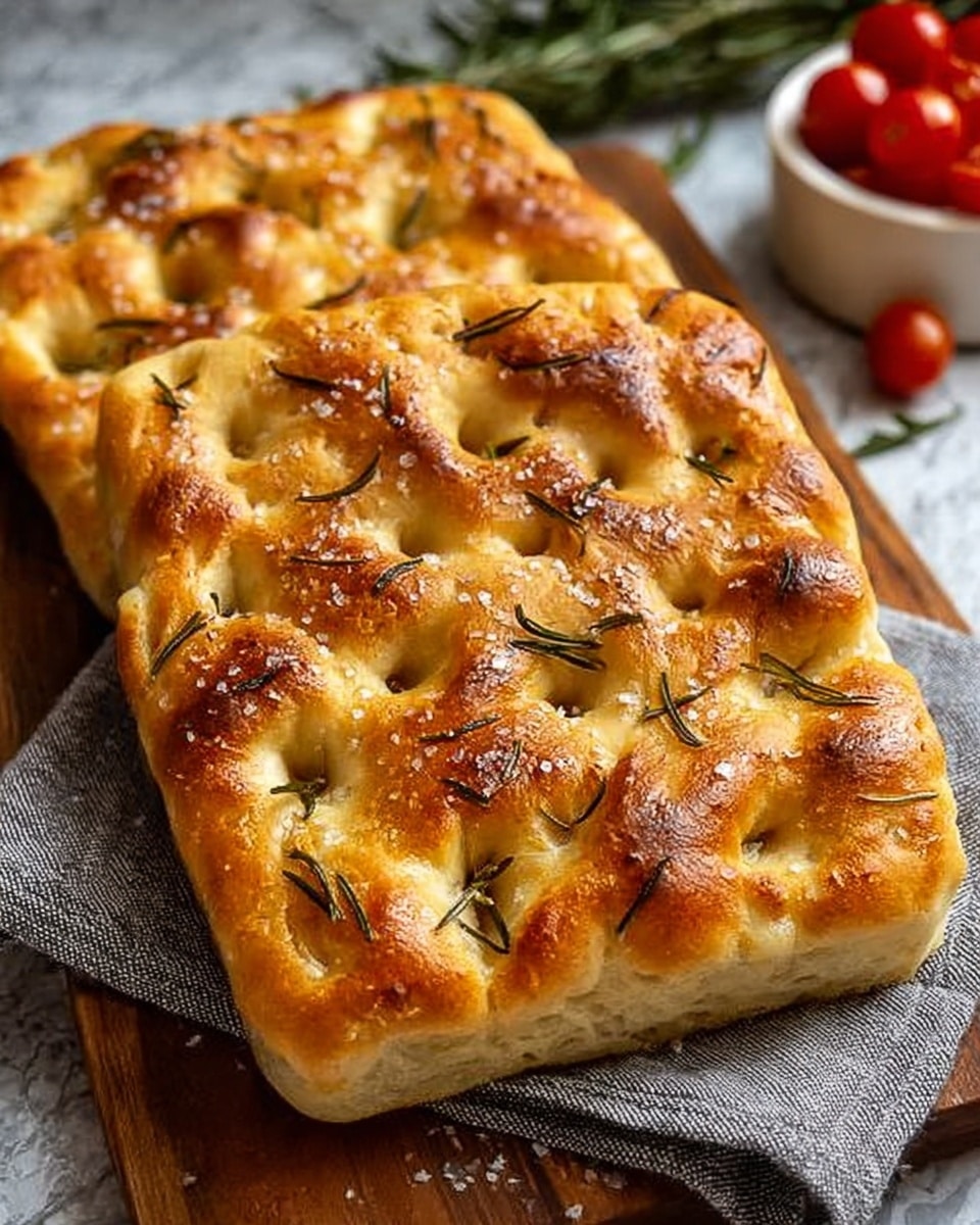 The image shows two rectangular focaccia breads placed side by side on a wooden board. The breads have a golden-brown, slightly shiny crust with uneven puffed layers that show dimples and bubbles. Scattered rosemary sprigs and coarse salt crystals dot the top, adding texture and a touch of green color against the warm-baked surface. The breads rest on a grey cloth napkin, and in the background, there is a small white bowl with cherry tomatoes on a white marbled surface. Photo taken with an iphone --ar 4:5 --v 7