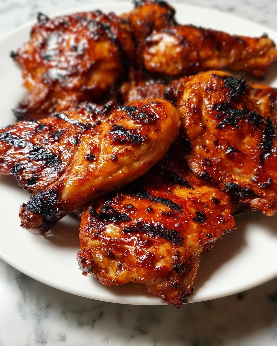 The image shows a close-up of several pieces of grilled chicken arranged on a white plate. The chicken pieces have a shiny, reddish-brown glaze with charred black grill marks and slightly burnt edges, giving them a textured, crispy look. The skin appears sticky and caramelized, and the meat underneath looks tender and juicy. The background surface is a white marbled texture. Photo taken with an iphone --ar 4:5 --v 7