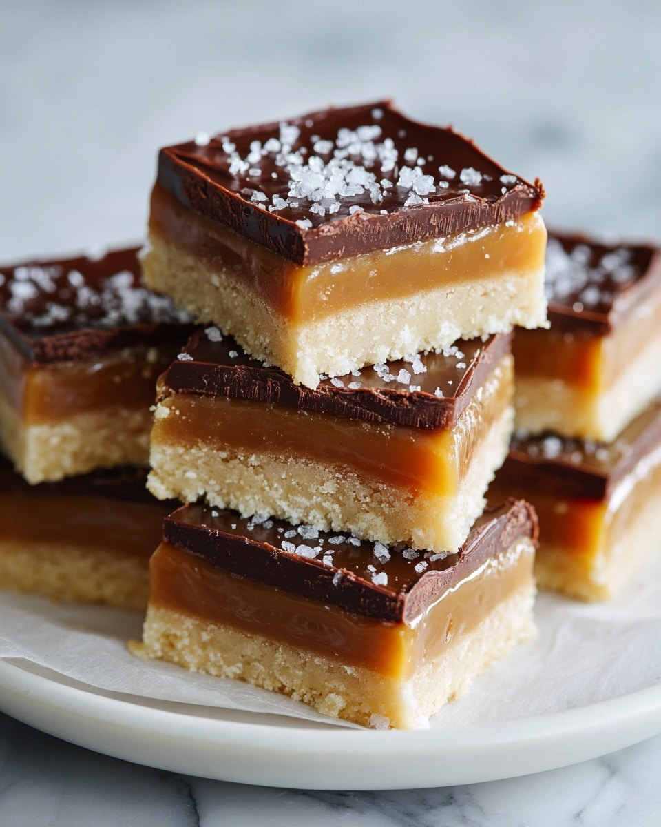 The image shows a stack of square caramel bars on a white plate with a white marbled texture surface under it. Each bar has three layers: a pale, crumbly shortbread base at the bottom, a thick golden caramel middle, and a smooth, dark chocolate top layer sprinkled with coarse sea salt. The bars are neatly cut and stacked, with the top bar slightly angled to show the layers clearly. The chocolate layer has a glossy shine and textured edges from cutting. Photo taken with an iphone --ar 4:5 --v 7