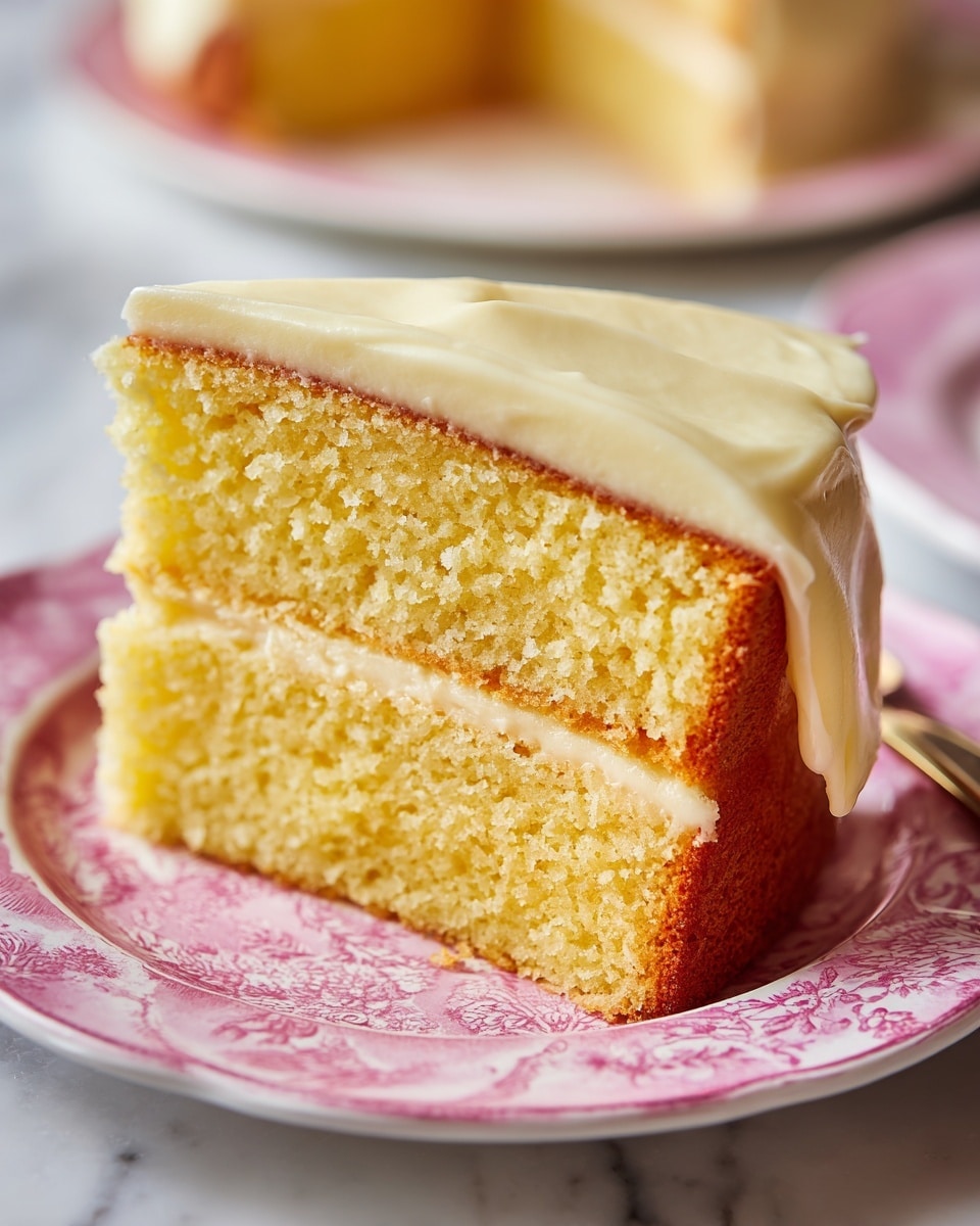 A close-up image of a slice of two-layer yellow cake with light-colored creamy frosting between the layers and covering the cake's sides. The cake has a soft, spongy texture with a smooth, even layer of frosting. The slice is placed on a white plate with a pink pattern, set on a white marbled surface. photo taken with an iphone --ar 4:5 --v 7
