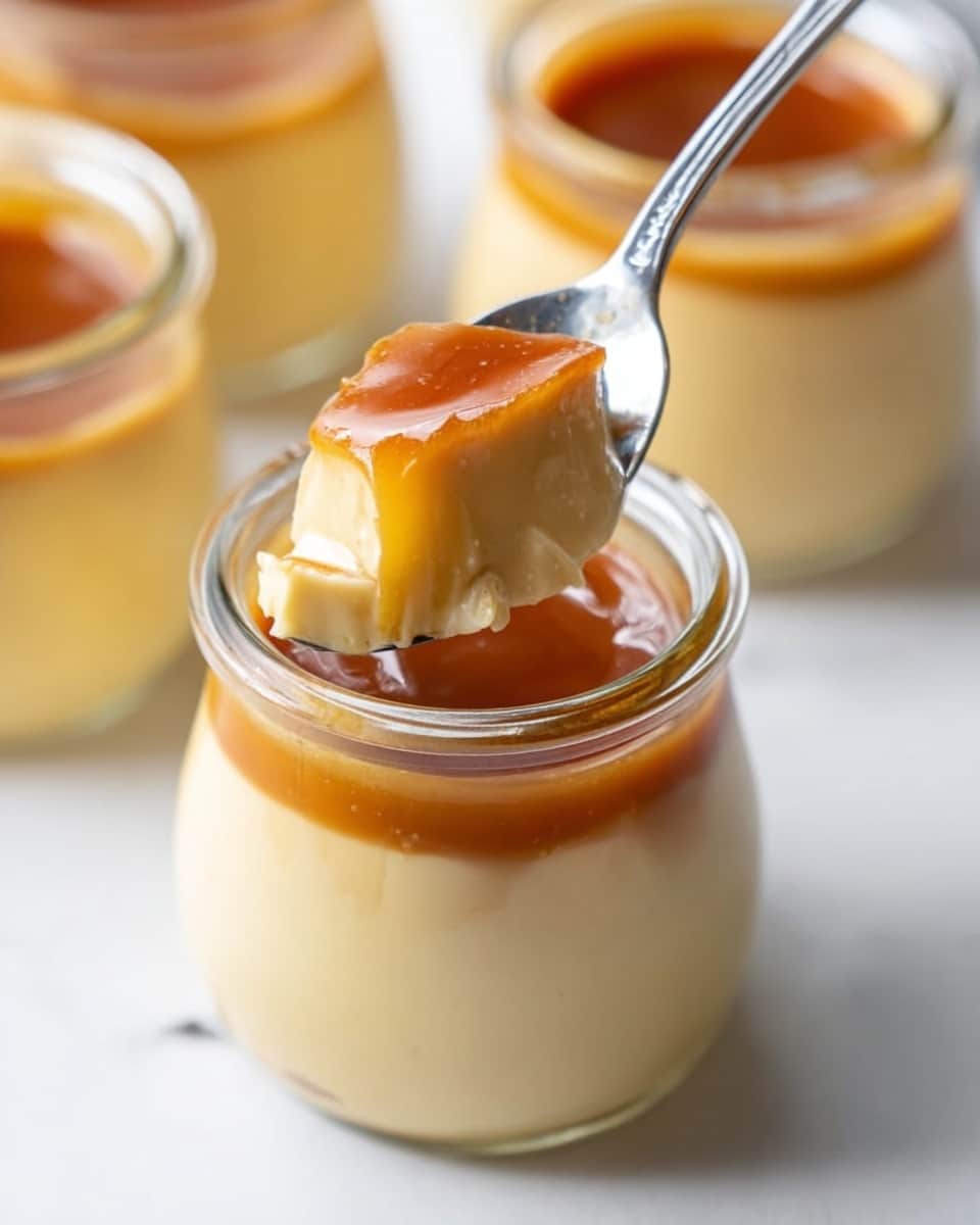 The image shows a small clear glass jar filled with two visible layers of dessert; the bottom layer is creamy pale yellow pudding with a smooth texture, while the top layer is a shiny caramel sauce in a rich amber color. A silver spoon is lifted above the jar, holding a scoop of the creamy pudding blending slightly with the caramel, showing a soft and thick texture. The jar is set on a white marbled surface with similar jars blurred in the background, creating a bright and clean look. photo taken with an iphone --ar 4:5 --v 7