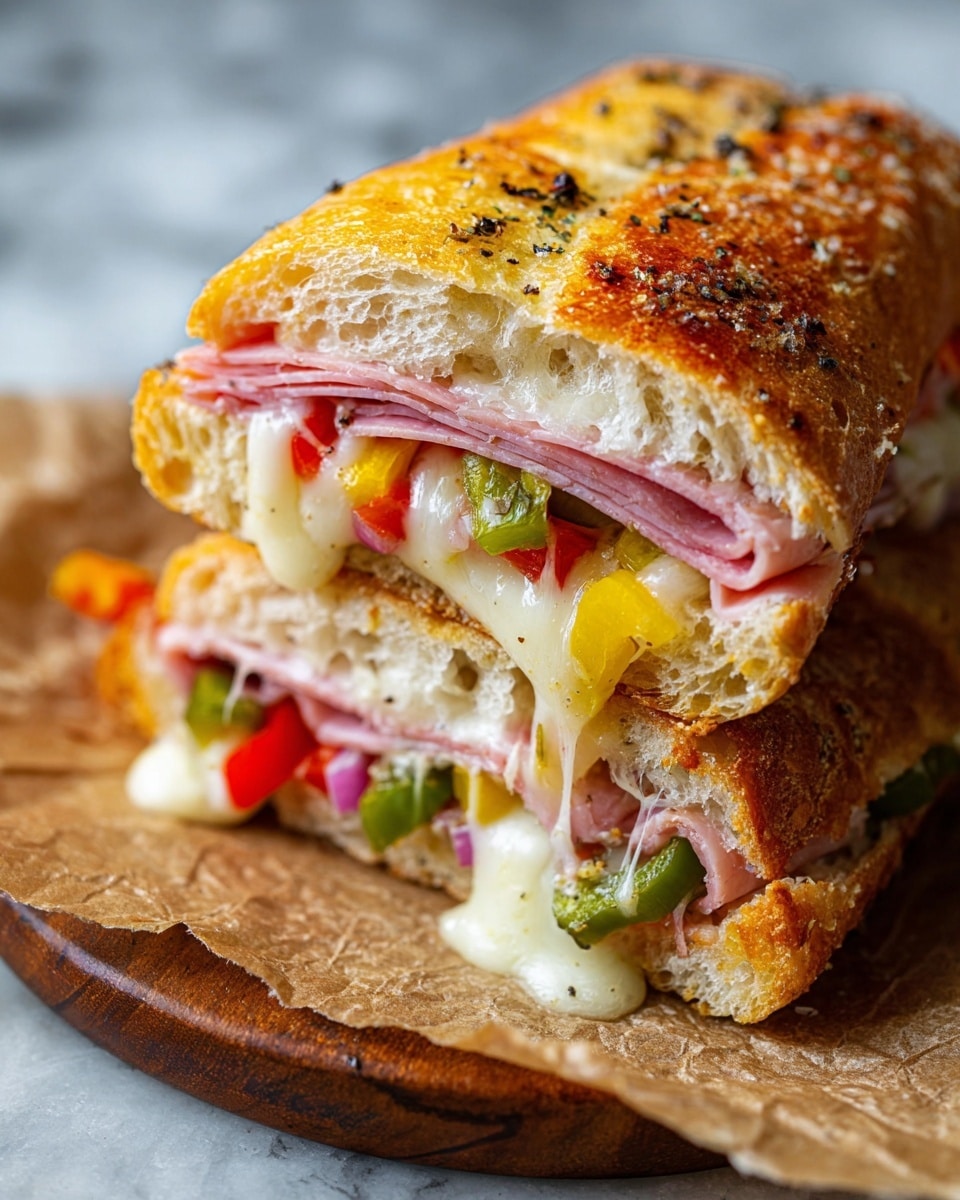 A close-up of a toasted sandwich cut in half and placed on brown parchment paper over a wooden board on a white marbled surface. Each sandwich half has a golden-brown crusty bread layer on top and bottom, with a soft, airy inside. Inside the sandwich, there are multiple thin layers of pink ham, melted white cheese dripping slightly, and colorful slices of green, red, and yellow bell peppers mixed with a few pickled green pepper rings. The top bread layer has small black pepper flakes sprinkled on it, adding texture. The sandwich looks warm and gooey with melting cheese and fresh, vibrant veggies. Photo taken with an iphone --ar 4:5 --v 7