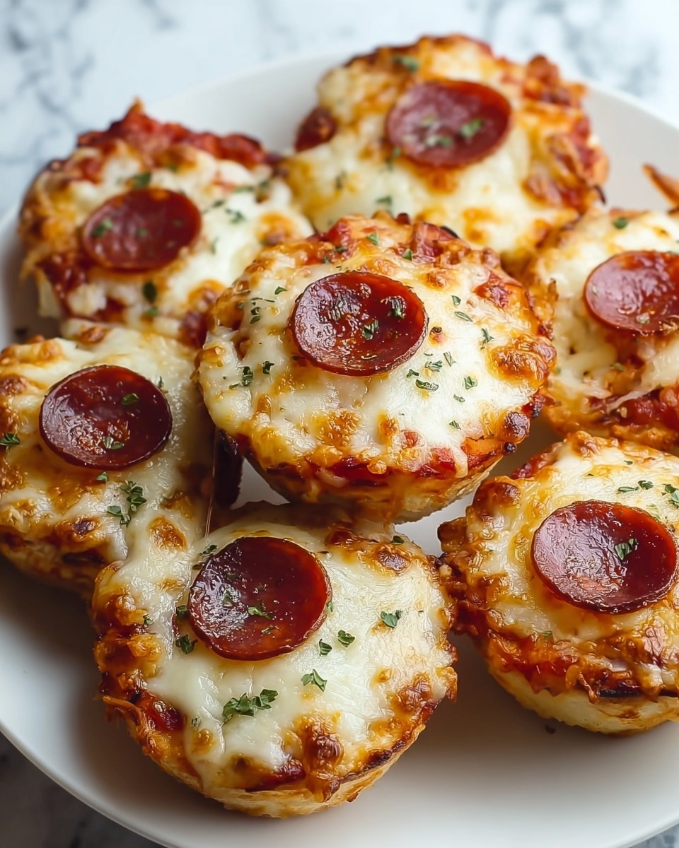 The image shows six mini pepperoni pizzas arranged on a white plate, placed on a white marbled surface. Each pizza has a golden brown crust that serves as the base layer, topped with a layer of red tomato sauce peeking through melted white mozzarella cheese, which forms a bubbly, slightly browned, and gooey top layer. On the surface of each pizza, there are several round, dark red slices of pepperoni with crispy edges, garnished with small green herb flakes. The pizzas are close together, filling the plate, and have a warm, inviting look, with cheese slightly overflowing at the edges. Photo taken with an iphone --ar 4:5 --v 7