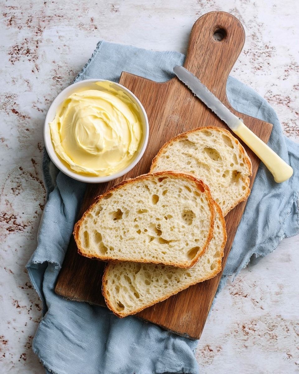 Two slices of light golden brown bread with a soft, airy inside full of holes sit on a wooden cutting board with a handle. Next to the bread, there is a small white bowl filled with smooth, creamy yellow butter, resting on a crumpled light blue cloth. A butter knife with a pale yellow handle lies across the bowl. The whole setup is placed on a white marbled textured surface. photo taken with an iphone --ar 4:5 --v 7