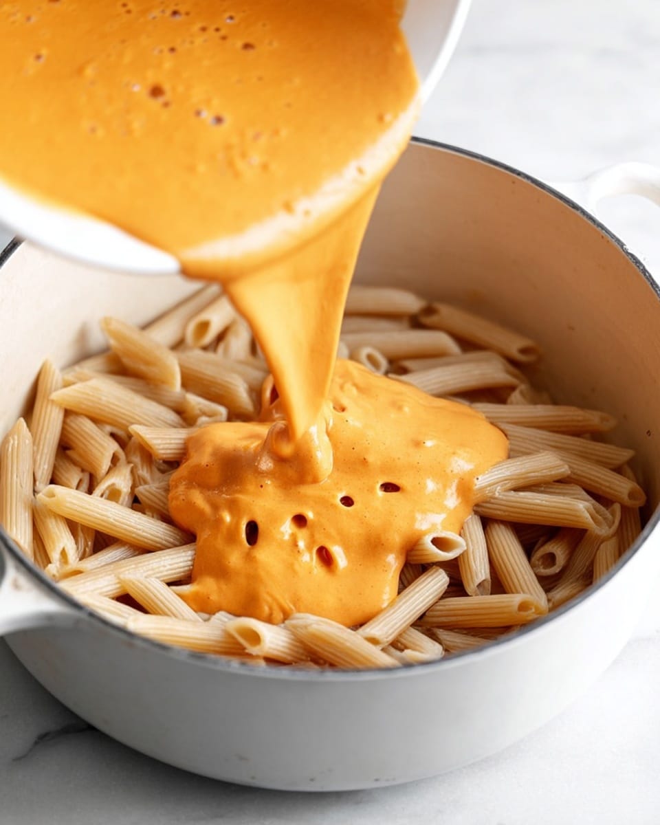 A white pot filled with cooked beige penne pasta shows a thick, smooth orange sauce being poured over it from above, creating a soft mound on top of the pasta. The pasta is slightly shiny and neatly arranged, while the sauce has a creamy texture with small bubbles on its surface. The pot sits on a white marbled surface, enhancing the colors of the dish. photo taken with an iphone --ar 4:5 --v 7