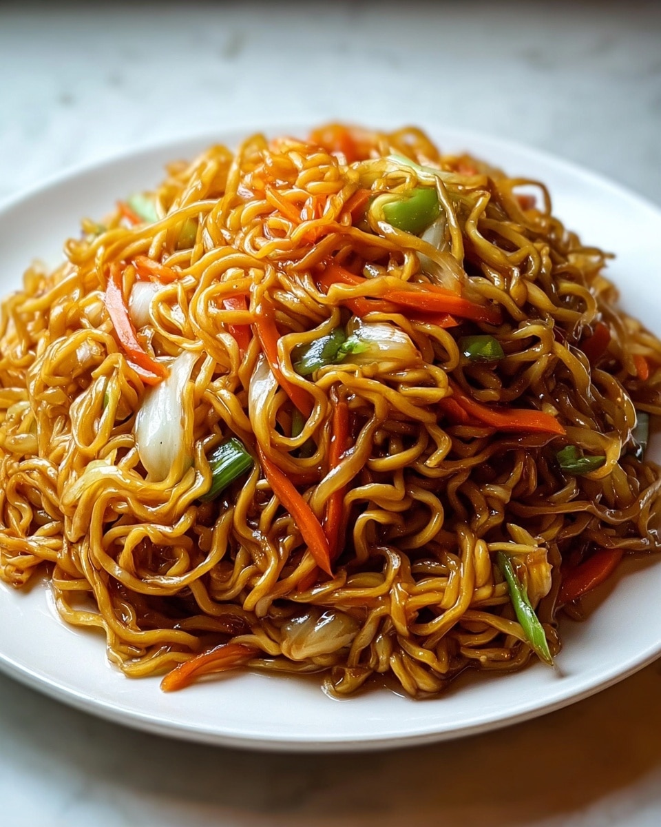 A white plate holds a heaping mound of glossy, golden-brown stir-fried noodles, with each noodle strand shiny and intertwined. Mixed throughout the noodles are thin slices of bright orange carrots, pale white onion pieces, and small green vegetable bits, adding vibrant splashes of color. The noodles look soft and well-coated in sauce, with a slight oily sheen that catches the light. The plate sits on a white marbled surface, and the background is softly blurred to focus on the dish. photo taken with an iphone --ar 4:5 --v 7