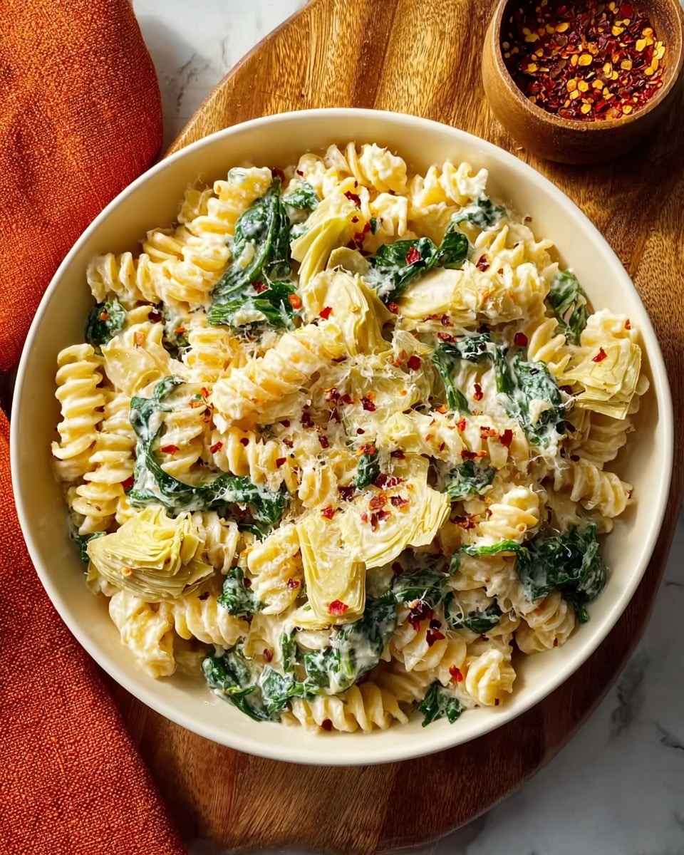 A white round bowl is filled with creamy rotini pasta, mixed with green spinach leaves and pale yellow artichoke hearts cut into medium-sized chunks. The pasta is coated in a smooth, white cream sauce and topped with small red chili flakes and a light sprinkle of grated cheese, adding specks of red and white on the surface. The bowl sits on a wooden board next to a small bowl of chili flakes and is partly resting on an orange cloth. The background features a white marbled texture. photo taken with an iphone --ar 4:5 --v 7