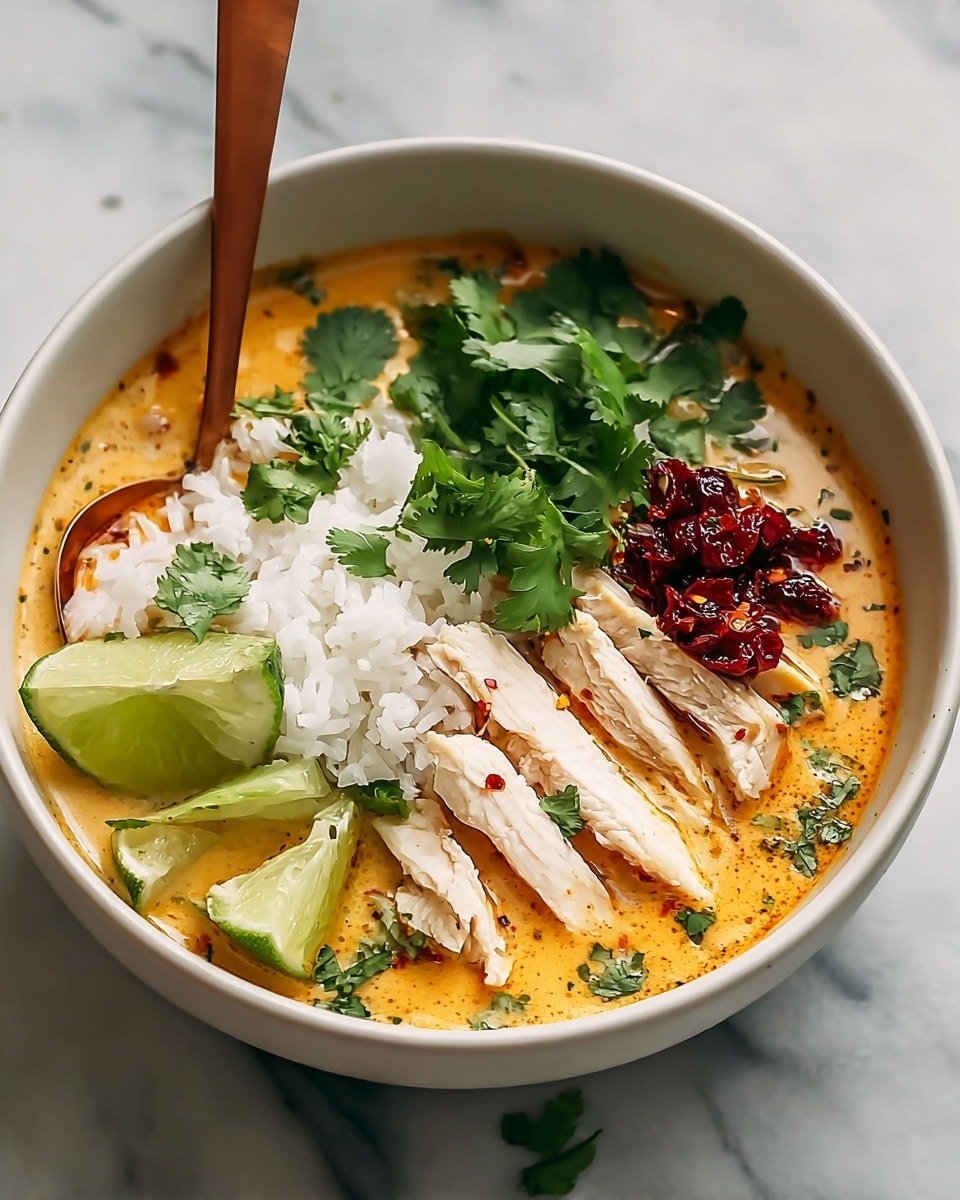 A white bowl filled with a creamy orange soup as the base layer, mixed with green cilantro leaves scattered on top. On one side, there are white rice grains resting partly in the soup and partly above it. Next to the rice, several strips of pale cooked chicken are arranged vertically, topped with a small pile of dark red chili paste. Two bright green lime wedges are placed near the edge of the bowl on the left side. A copper-colored spoon is standing upright inside the bowl, dipping into the soup. The bowl sits on a white marbled surface. Photo taken with an iphone --ar 4:5 --v 7