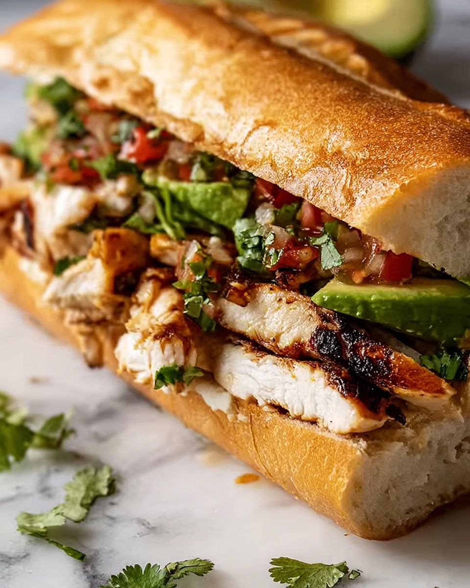 A close-up view of a sandwich with a toasted golden brown baguette cut lengthwise, showing four main layers inside: grilled chicken pieces with char marks and white inside, fresh green leafy cilantro, chunky red salsa with visible bits of onion and tomato, and slices of green avocado. The sandwich rests on a white marbled surface with some scattered cilantro leaves around, emphasizing fresh ingredients. photo taken with an iphone --ar 4:5 --v 7