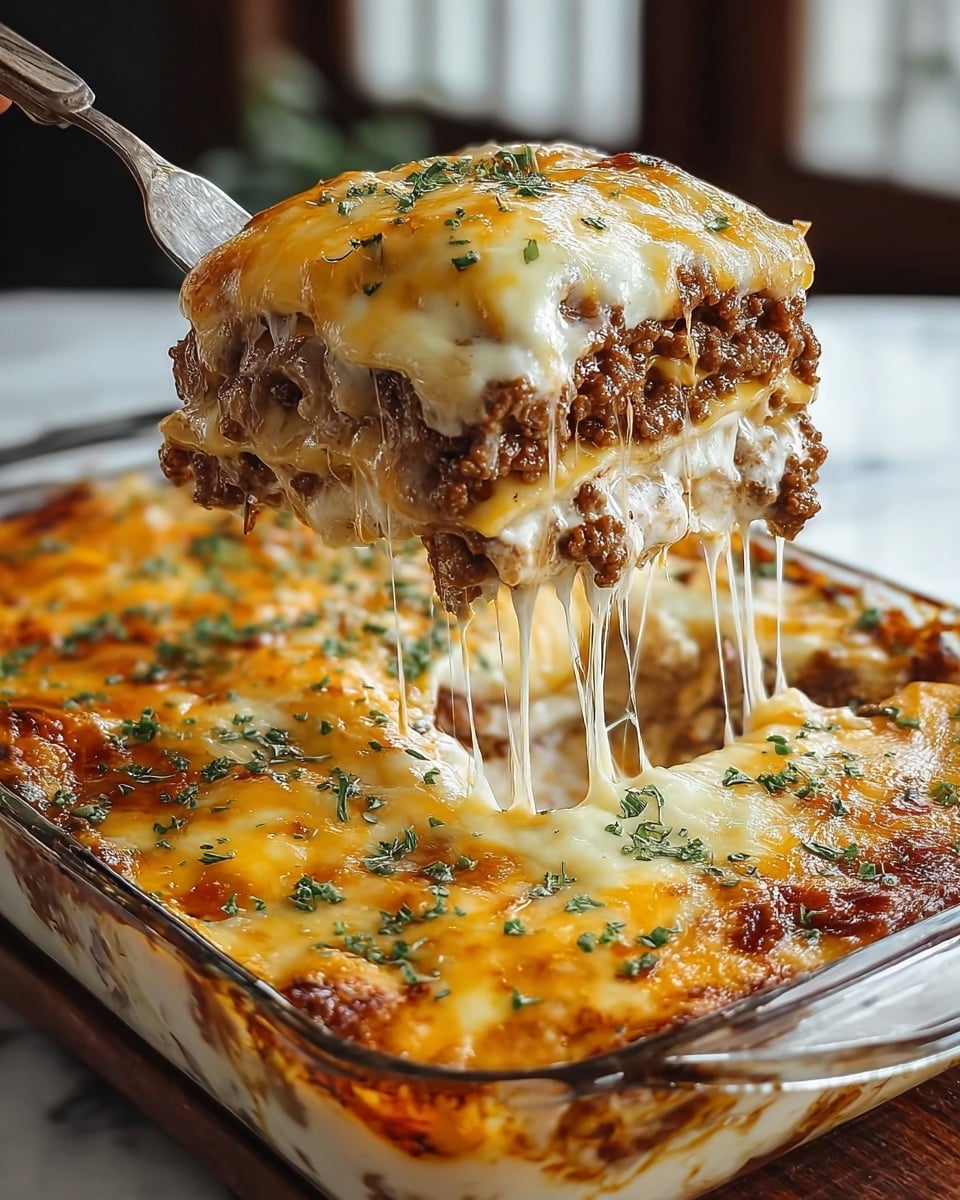 A glass baking dish filled with a three-layered lasagna is shown on a white marbled surface. The bottom layer is creamy white sauce mixed with bits of browned meat, followed by a middle layer of pasta sheets covered with rich, dark brown ground beef. The top layer is thick melted cheese in golden yellow and creamy white colors, bubbling and slightly browned on top, with small green herb pieces sprinkled over it. A slice is being lifted with a fork, showing long, stretchy cheese strands extending from the dish. photo taken with an iphone --ar 4:5 --v 7
