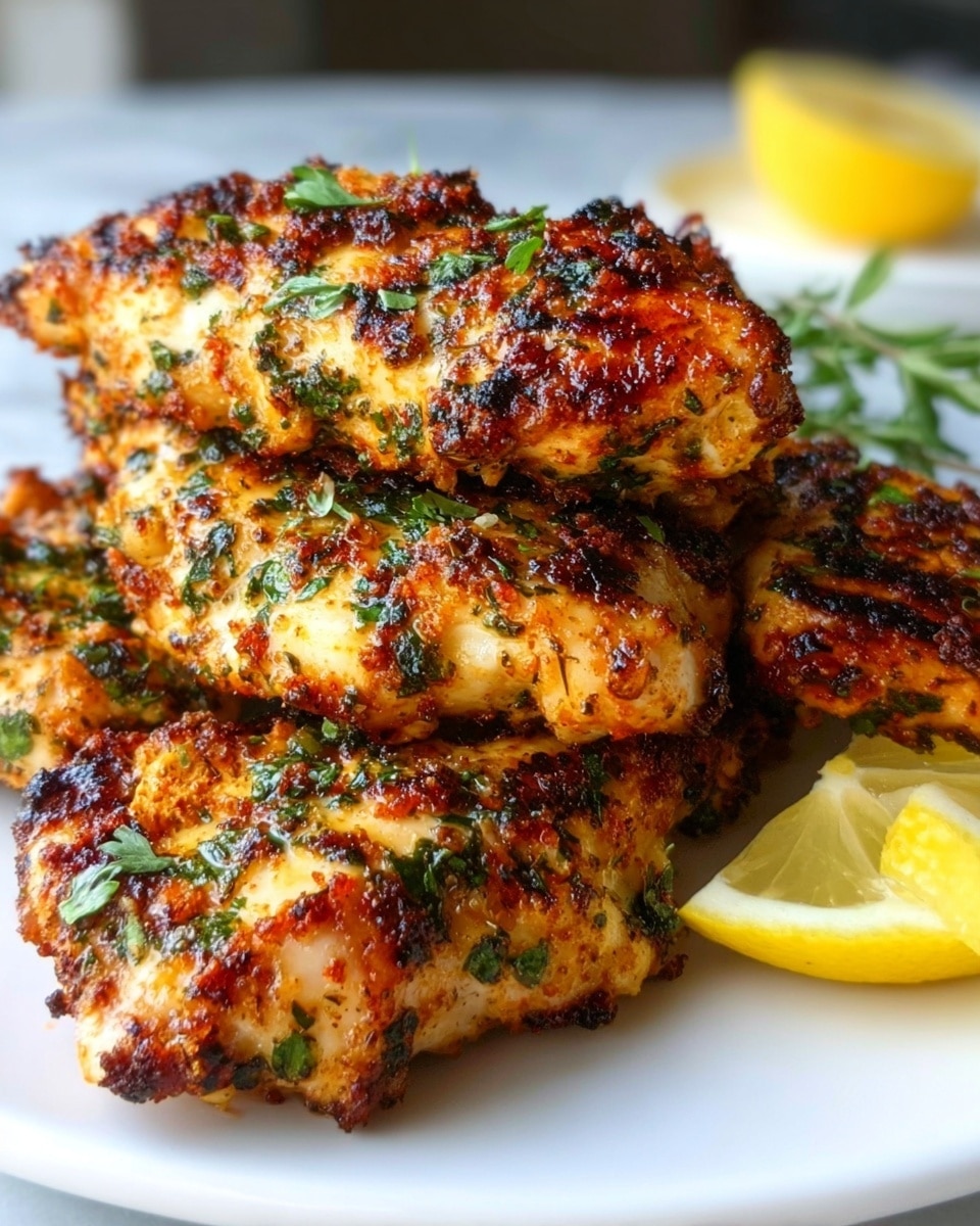 The image shows a stack of four grilled chicken pieces on a white plate, each piece with a crispy, golden-brown crust mixed with green chopped herbs scattered on top and within the chicken texture. The chicken pieces have a slightly rough, charred surface that looks juicy and well-cooked. At the back of the plate, there are two lemon wedges, bright yellow with a fresh, juicy texture. The plate sits on a white marbled surface, and there is a slight blur in the background that keeps the focus on the chicken. photo taken with an iphone --ar 4:5 --v 7