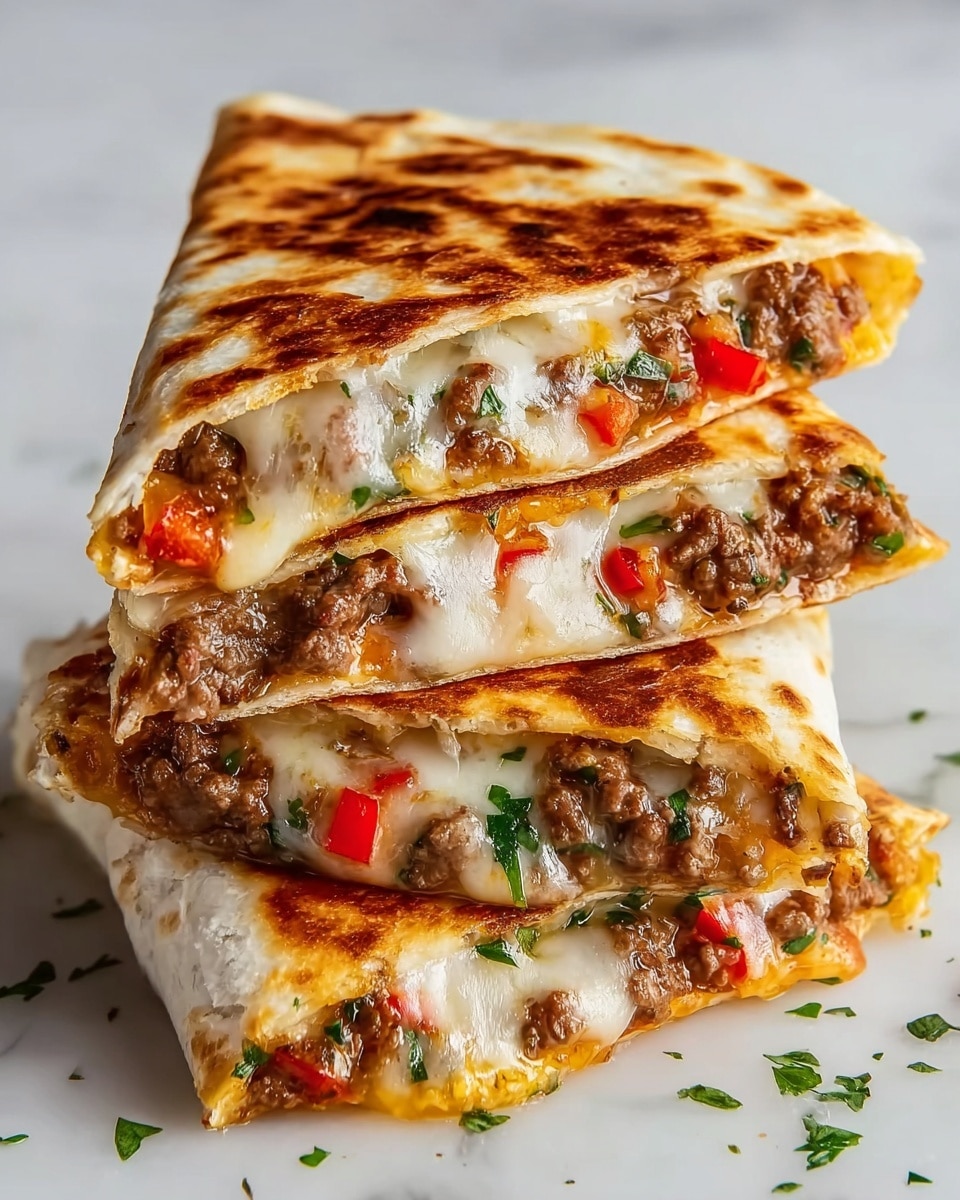 A stack of four toasted quesadilla triangles sits on a white marbled surface, each with a golden-brown, slightly crispy outer tortilla marked with charred spots. Inside each triangle, you can see layers of melted, gooey white and yellow cheese stretching out, mixed with pieces of cooked brown beef and small bits of red and green bell peppers. The quesadillas are topped with small green herb sprinkles, adding a fresh touch. The stack is slightly uneven, showing the thick, cheesy filling clearly oozing from the sides. photo taken with an iphone --ar 4:5 --v 7