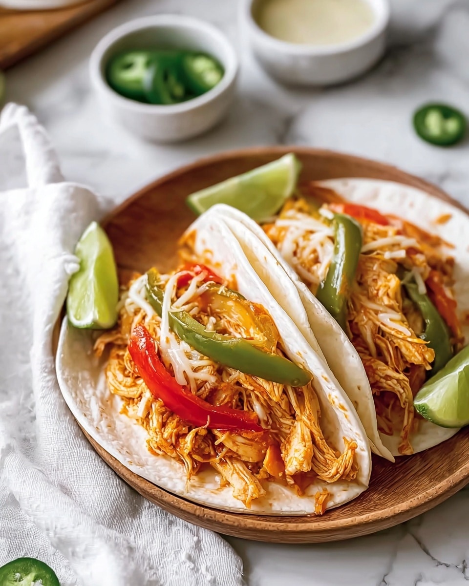 Two soft white tortillas are filled with three main layers: shredded cooked chicken in orange seasoning, slices of vibrant green and red bell peppers, and a melted white cheese topping, all arranged inside the folded tortillas. Each tortilla is garnished with a wedge of bright green lime on the side, placed on a round wooden plate. The plate sits atop a white cloth on a white marbled surface. In the background, out of focus, there are small white bowls with sliced green jalapeños and a light creamy sauce. Photo taken with an iphone --ar 4:5 --v 7