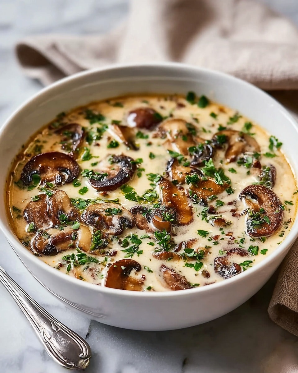 A creamy mushroom dish served in a round white bowl, filled to the brim with a smooth light beige sauce mixed with sliced cooked brown mushrooms scattered evenly throughout; small green herb pieces are sprinkled on top, adding a fresh contrast to the creamy texture; the bowl sits on a white marbled surface, next to a spoon with a shiny silver handle and a soft beige cloth partially visible in the background. photo taken with an iphone --ar 4:5 --v 7