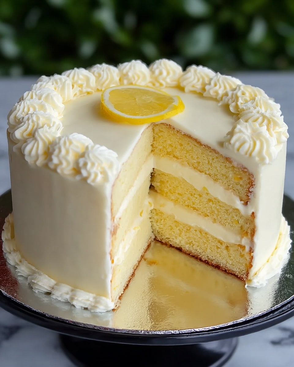 A two-layer round cake with light yellow sponge layers separated by a thick layer of smooth white cream filling. The outside is covered evenly with soft white frosting, decorated with small cream swirls around the top edge. A thin, round slice of lemon sits flat on top in the center. The cake is placed on a white marbled texture, held on a reflective silver cake board on a black cake stand. Photo taken with an iphone --ar 4:5 --v 7