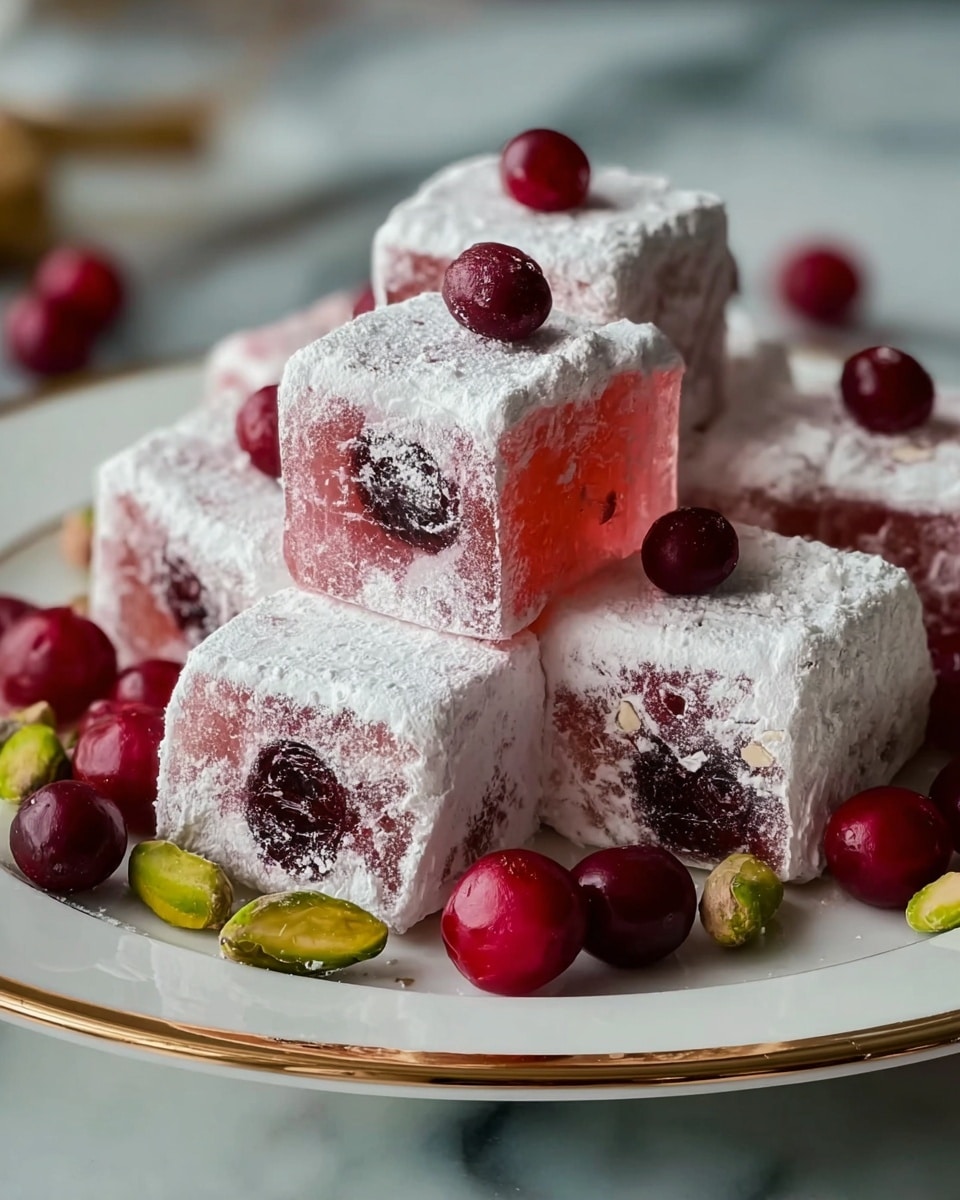 The image shows a white plate with a gold rim holding several square pieces of Turkish delight, which are dusted with powdered sugar creating a white, powdery outer layer. Each piece has a light pink, translucent jelly center with visible dark red fruit bits inside, giving a textured and slightly glossy look. Around the Turkish delight, there are dark red cranberries and pale green pistachios scattered on the plate, adding contrast with their smooth, round shapes. The plate is set on a white marbled surface. photo taken with an iphone --ar 4:5 --v 7