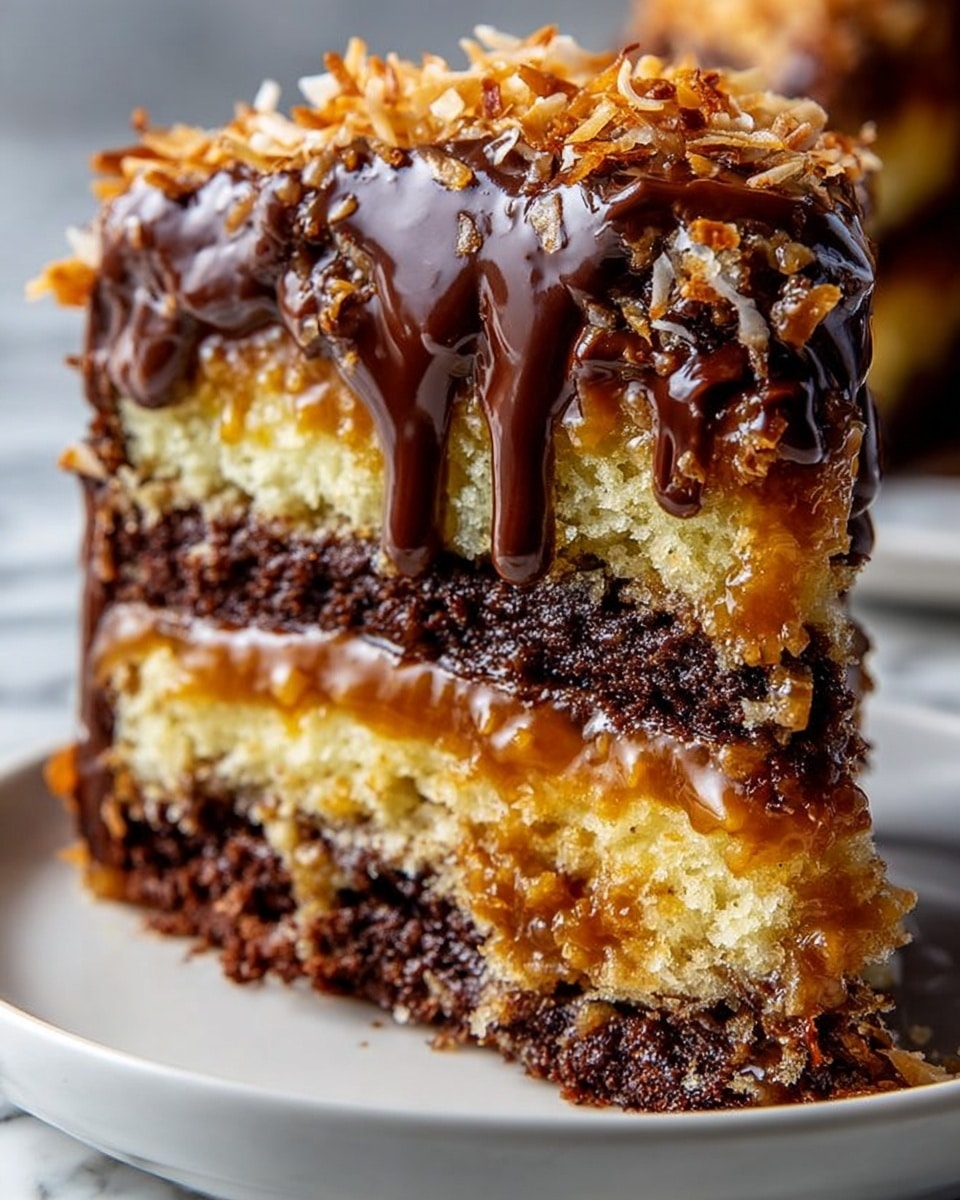 A close-up of a three-layer cake slice on a white plate, set against a white marbled background. The cake layers alternate between dark chocolate and light yellow vanilla cake, with a thick, gooey caramel filling between each layer. The top is covered with glossy melted chocolate dripping down the sides, topped with a crunchy golden-brown toasted coconut sprinkle. The textures show moist cake, smooth caramel, shiny chocolate, and crisp coconut pieces. Photo taken with an iphone --ar 4:5 --v 7